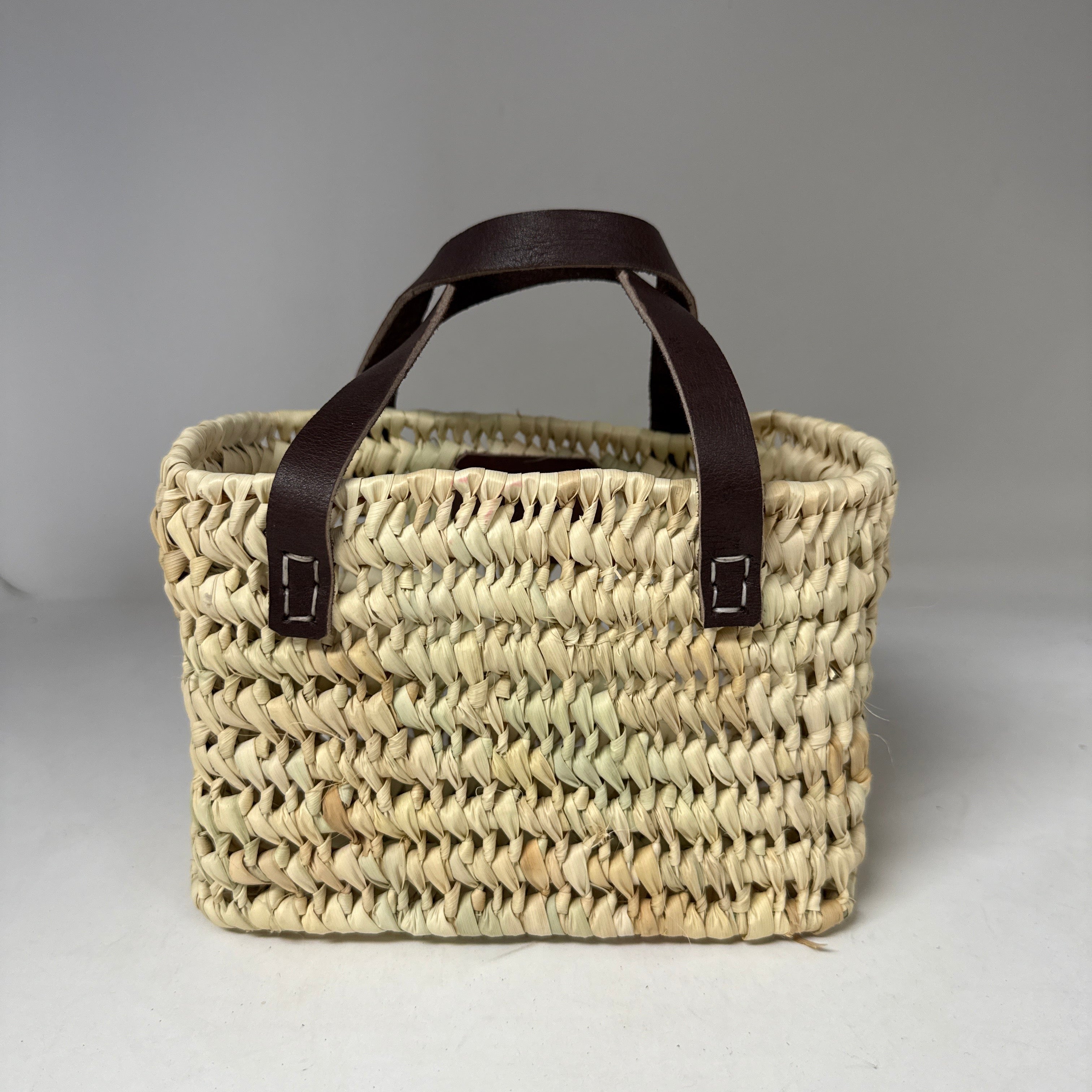 Handwoven Small Palm Leaf Storage Basket – Leather Handles