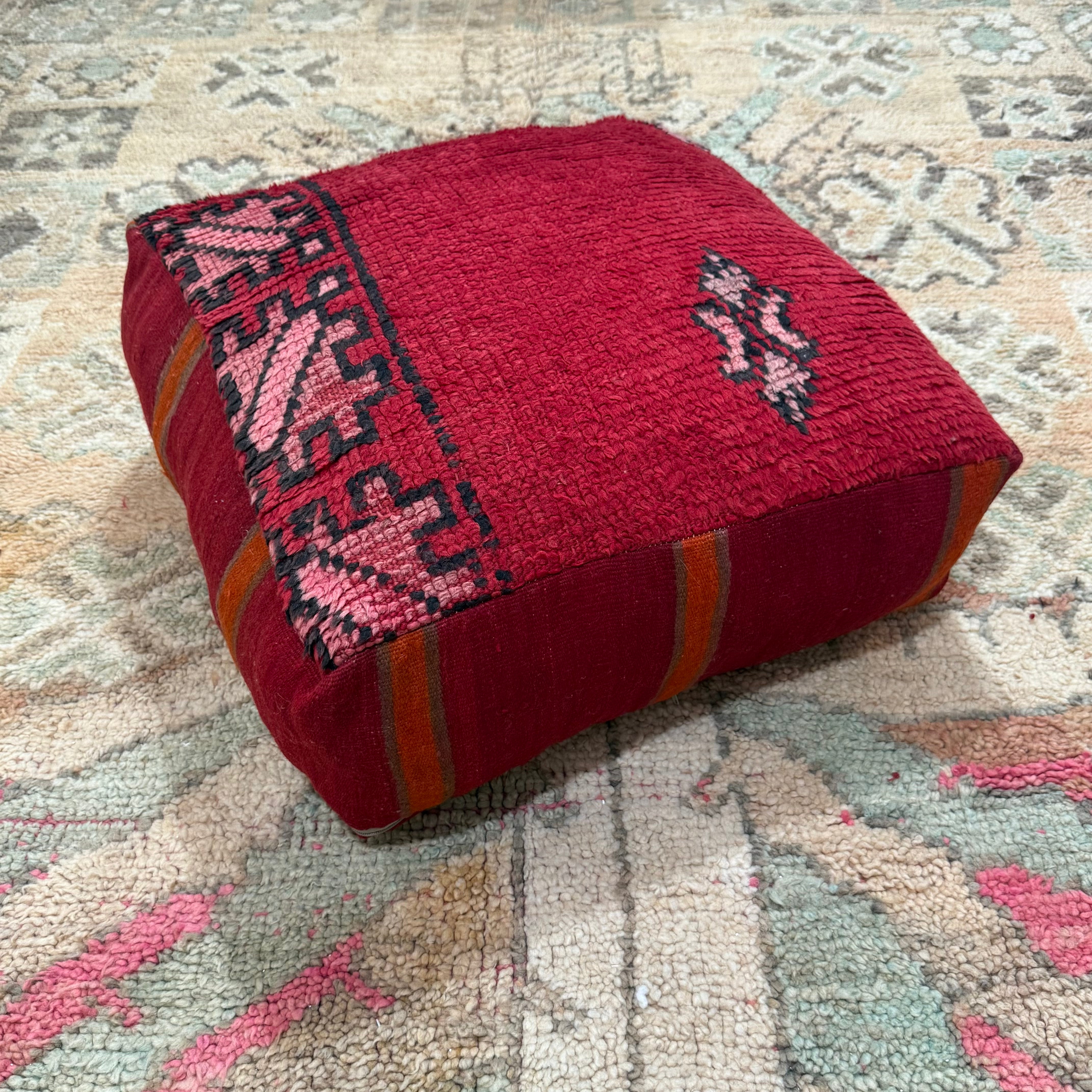 Boujaad Pouffe – Rosewood Maze Design, Handmade from Vintage Berber Rug (60×60×20 cm)
