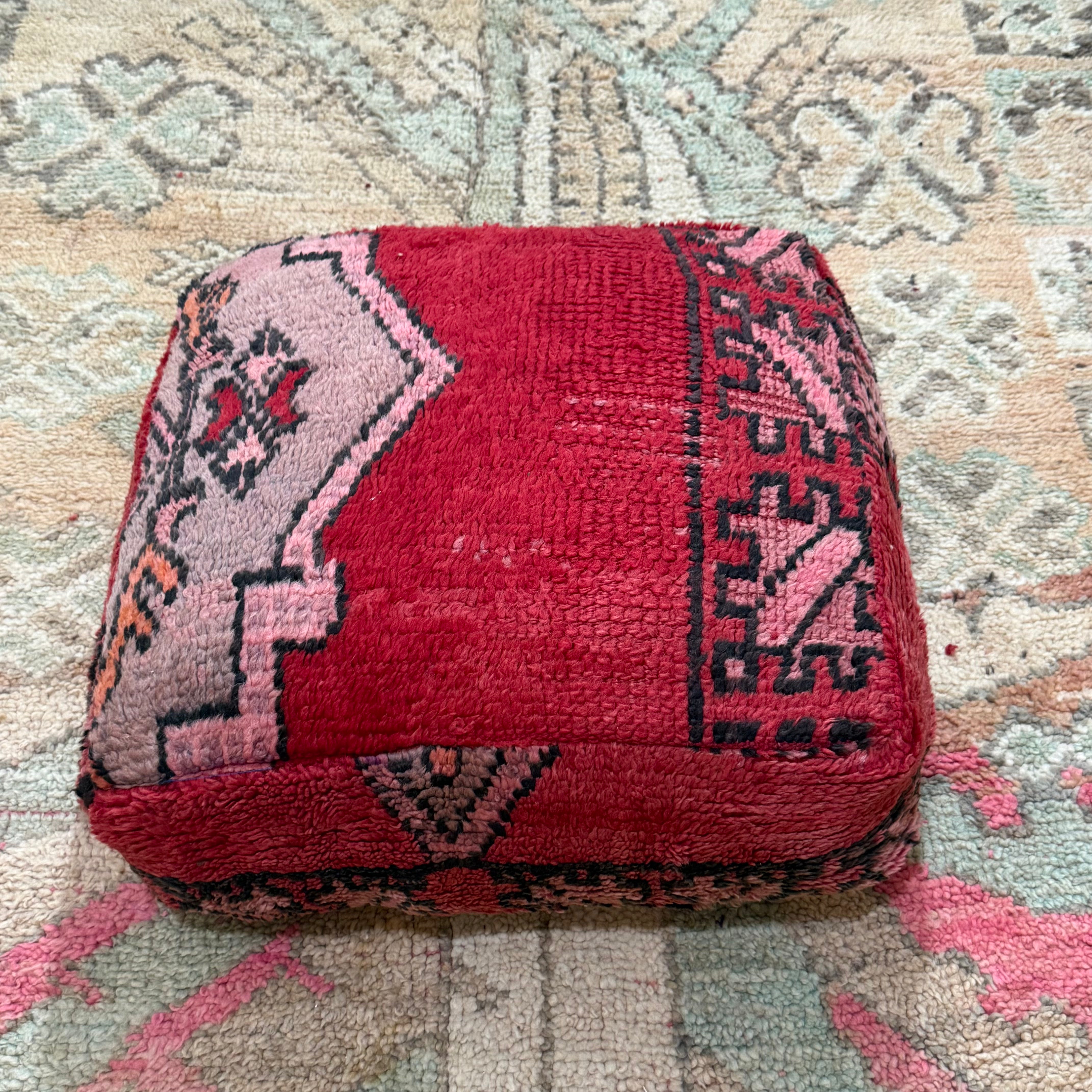 Vintage Boujad Pouffe – Red with Soft Pink Tribal Motif & Bold Border (60 × 60 × 20 cm)