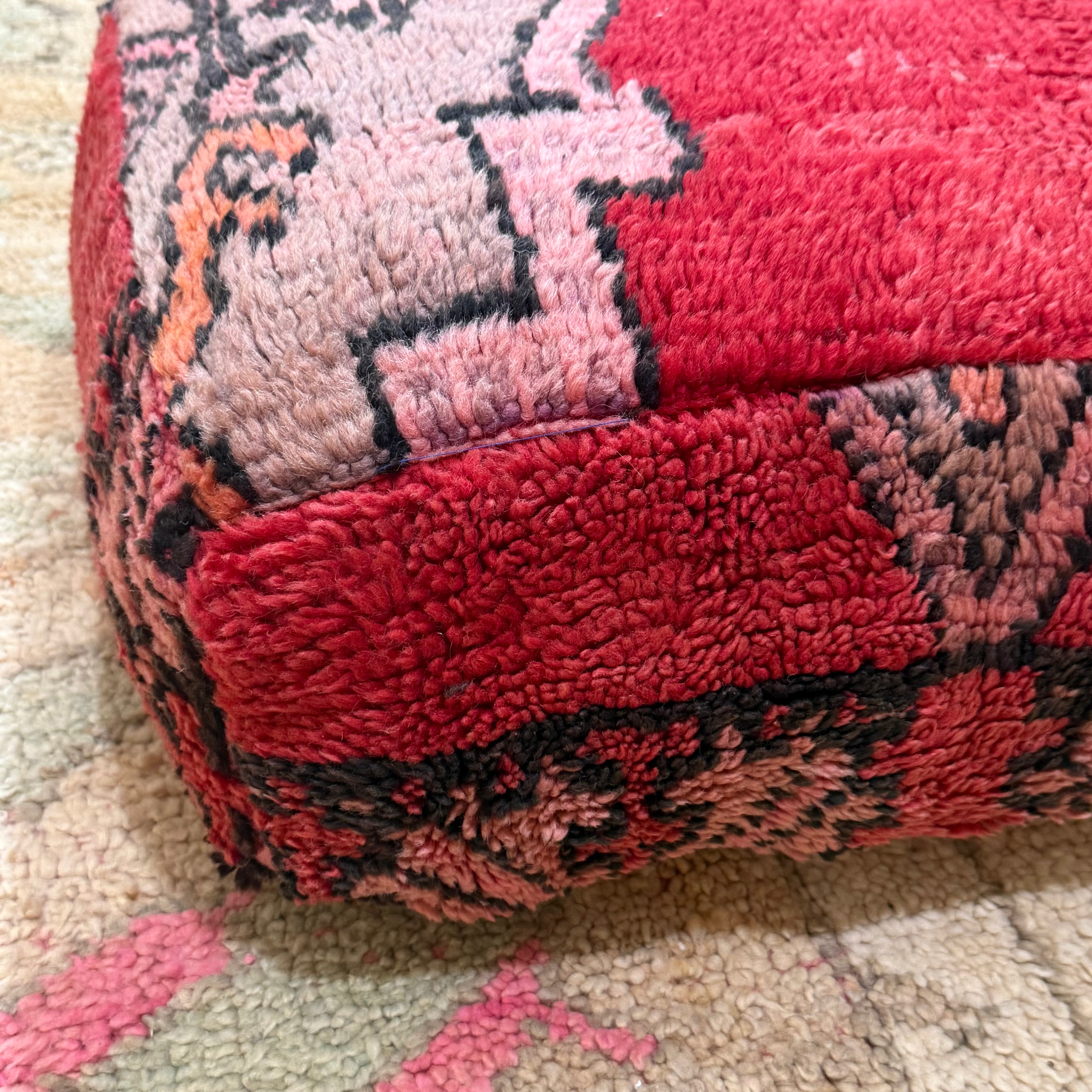 Vintage Boujad Pouffe – Red with Soft Pink Tribal Motif & Bold Border (60 × 60 × 20 cm)