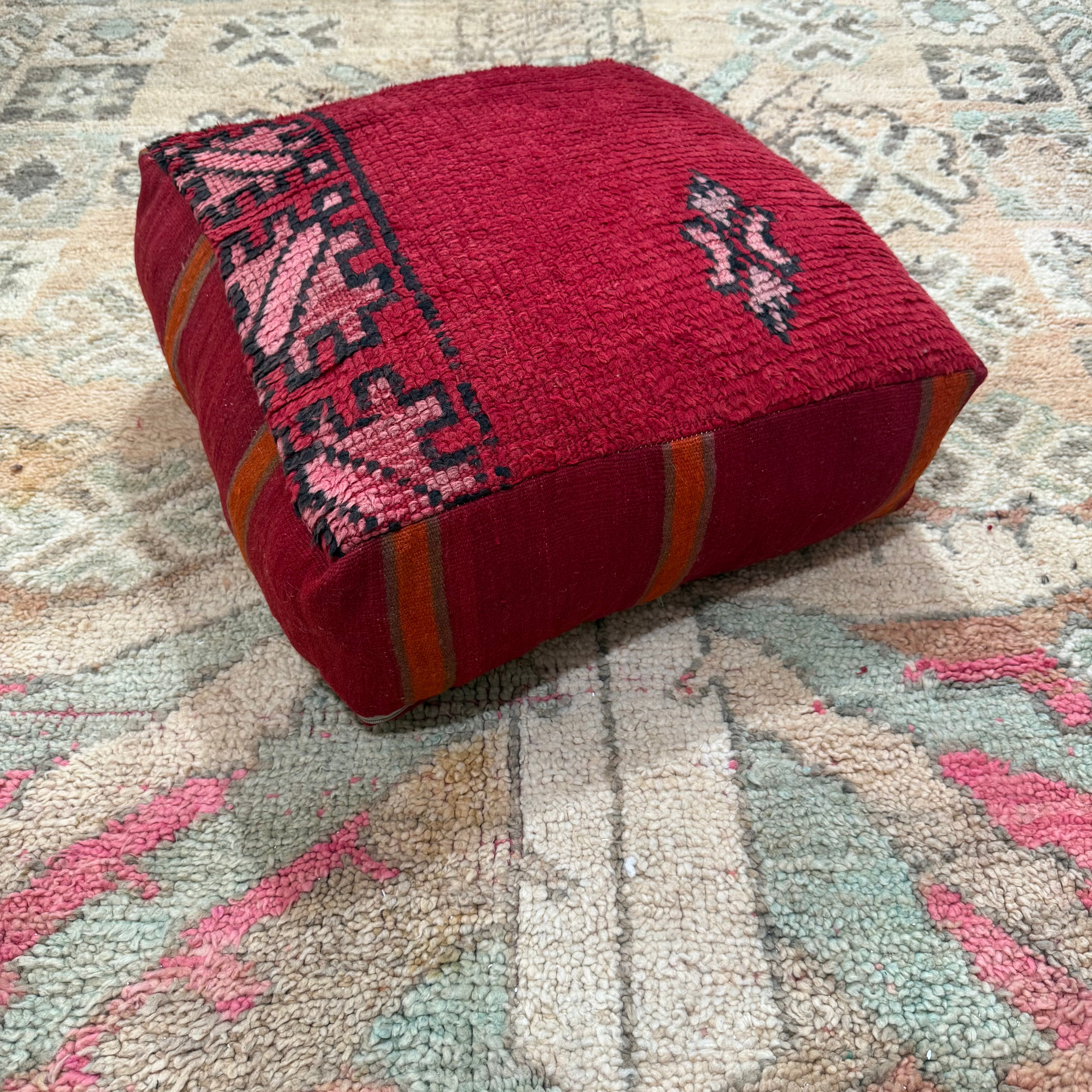 Boujaad Pouffe – Rosewood Maze Design, Handmade from Vintage Berber Rug (60×60×20 cm)