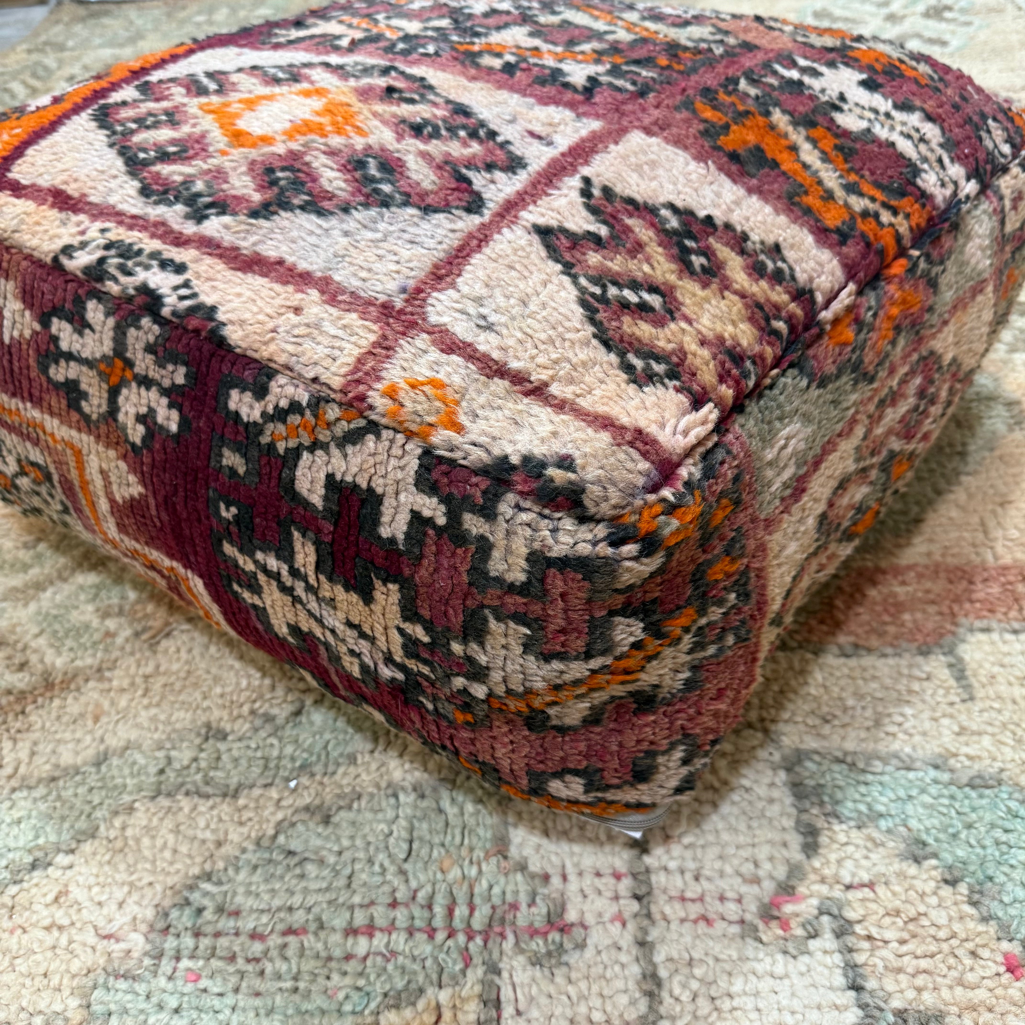 Vintage Boujad Pouffe – Plum & Burnt Orange Diamond Patchwork (60 × 60 × 20 cm)