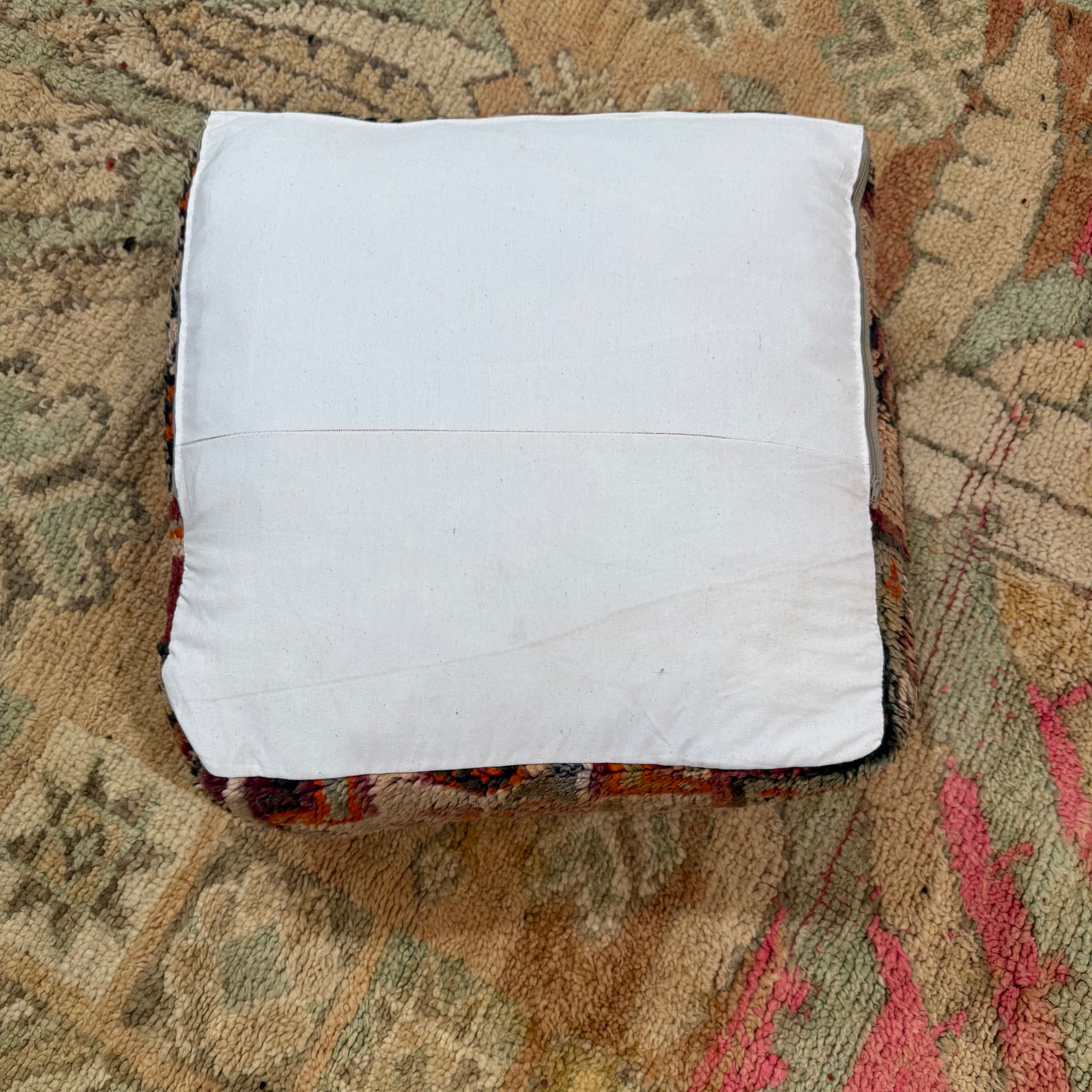 Vintage Boujad Pouffe – Plum & Burnt Orange Diamond Patchwork (60 × 60 × 20 cm)