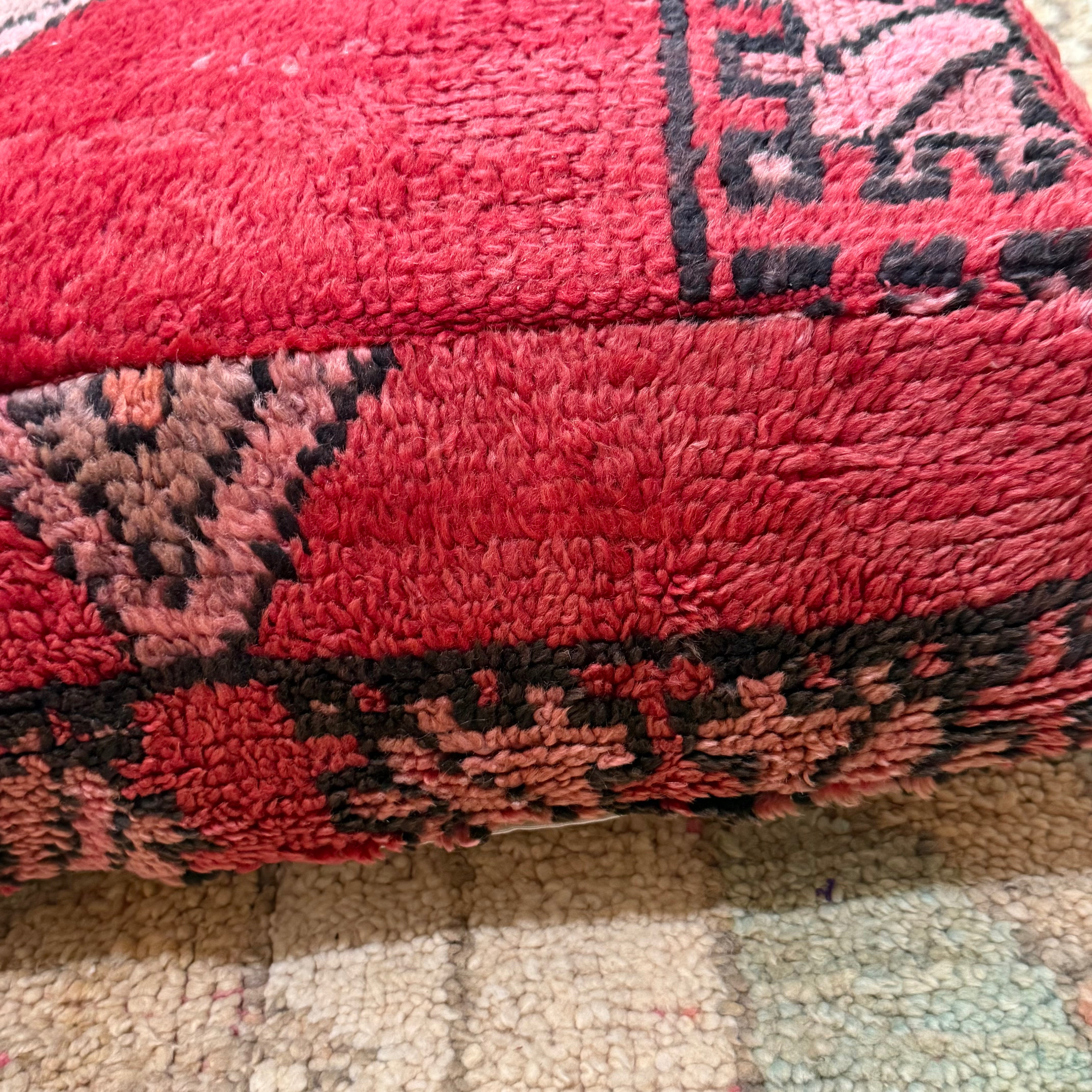 Vintage Boujad Pouffe – Red with Soft Pink Tribal Motif & Bold Border (60 × 60 × 20 cm)