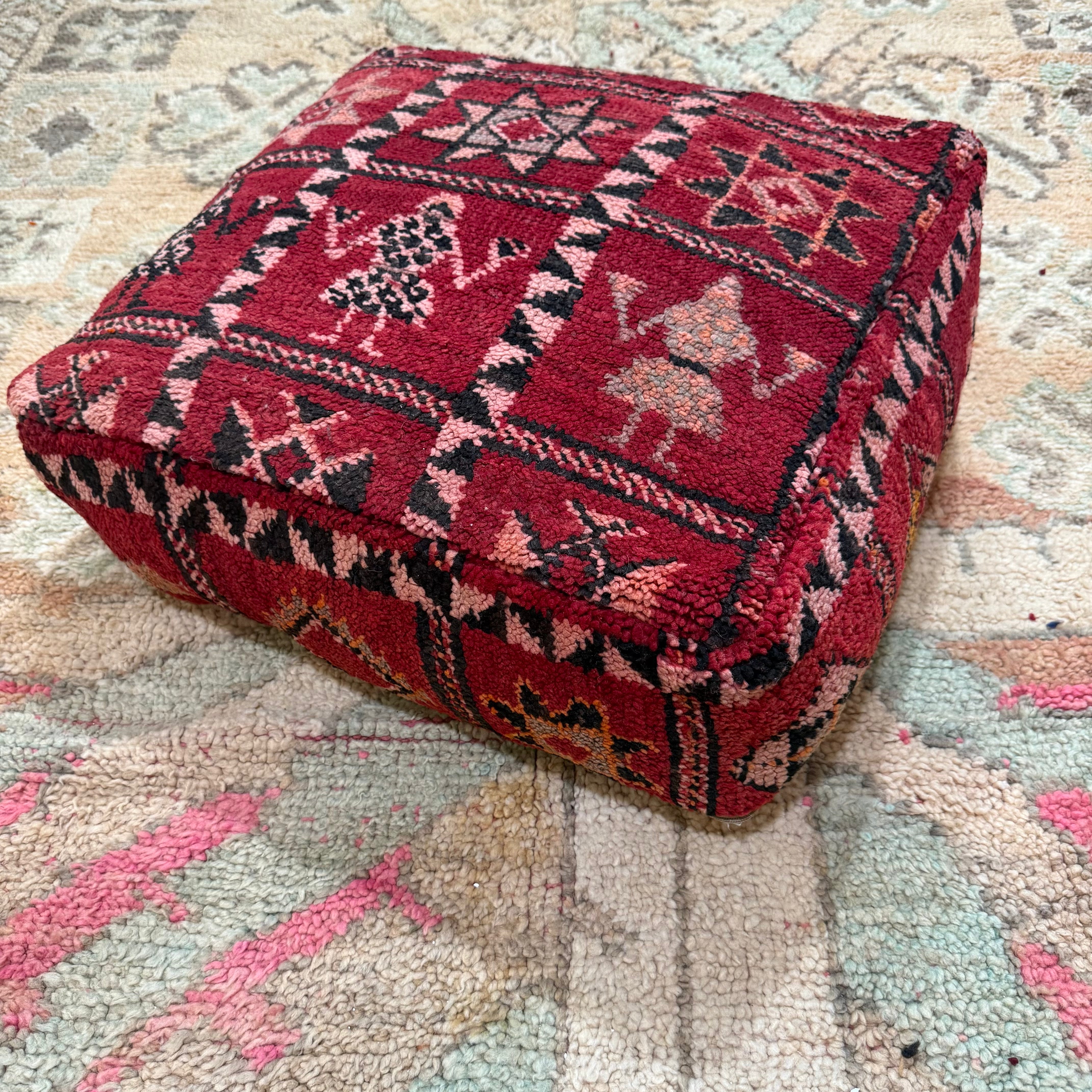 Vintage Boujad Pouffe – Red with Pink Tribal Figures & Star Motifs (60 × 60 × 20 cm)