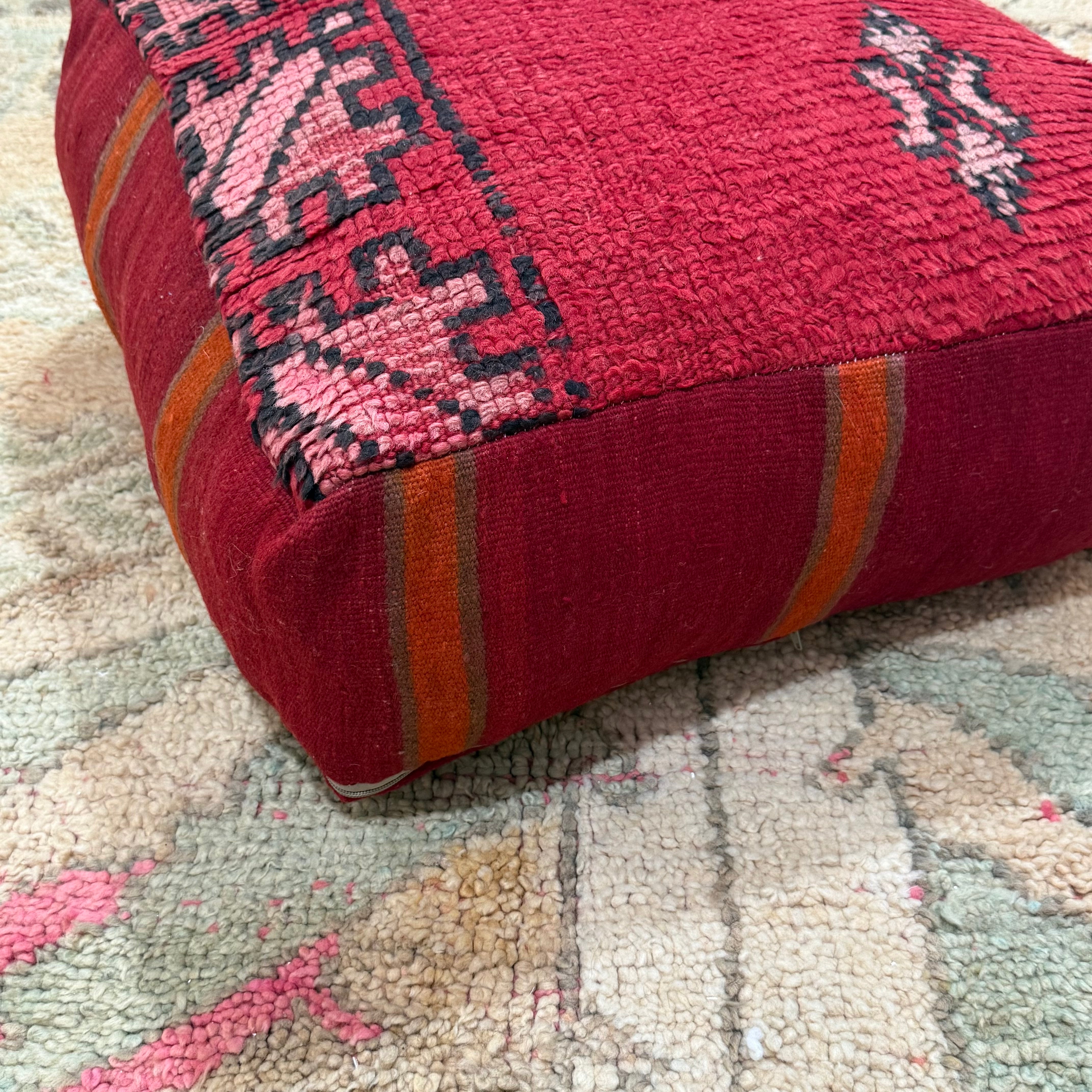Boujaad Pouffe – Rosewood Maze Design, Handmade from Vintage Berber Rug (60×60×20 cm)