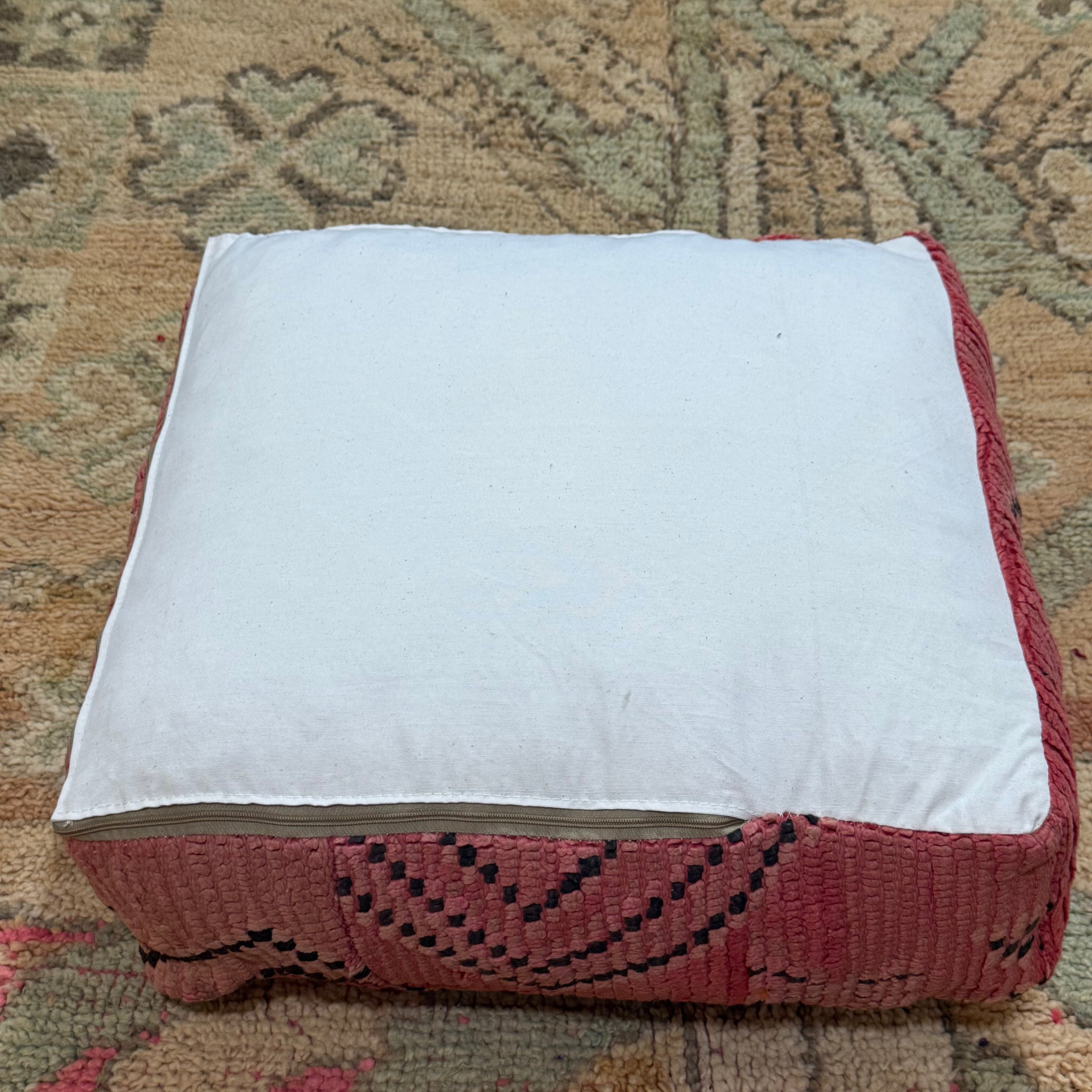 Vintage Boujad Pouffe – Soft Rose Pink with Bold Black Geometric Pattern (60 × 60 × 20 cm)