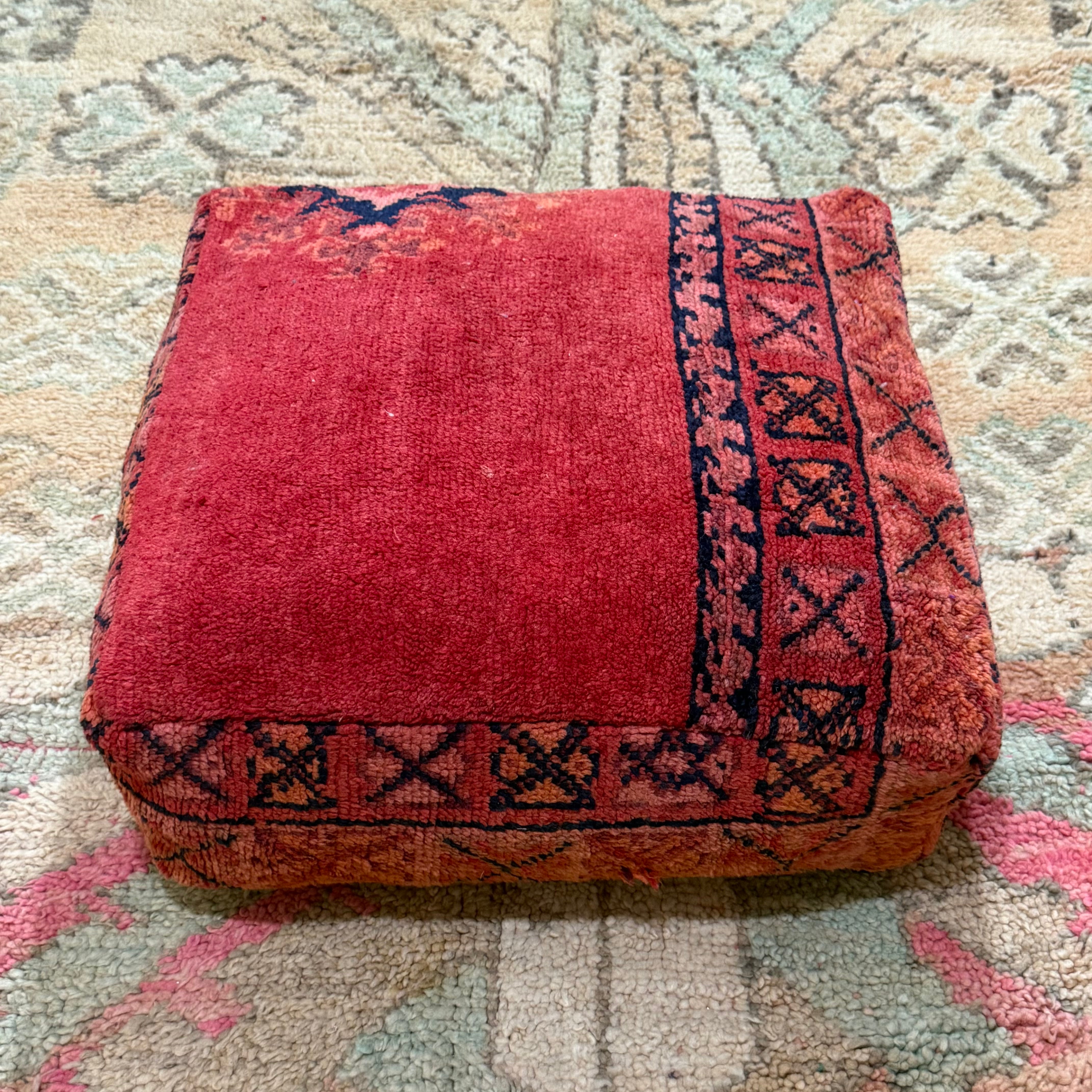 Vintage Boujad Pouffe – Deep Red with Indigo Tribal Border (60 × 60 × 20 cm)