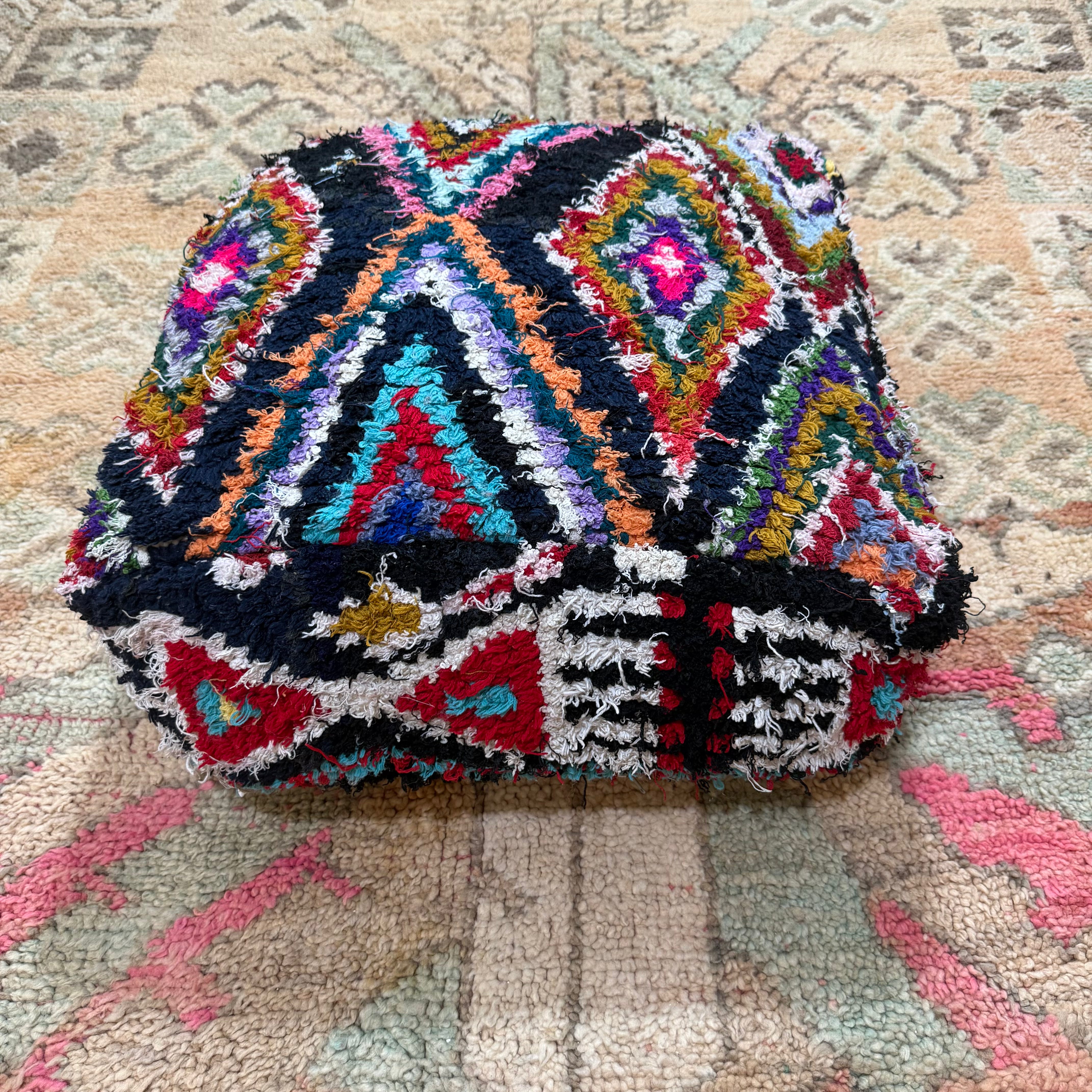 Vintage Boucherouite Pouffe – Multicolour Tribal Diamond Patchwork (60 × 60 × 20 cm)
