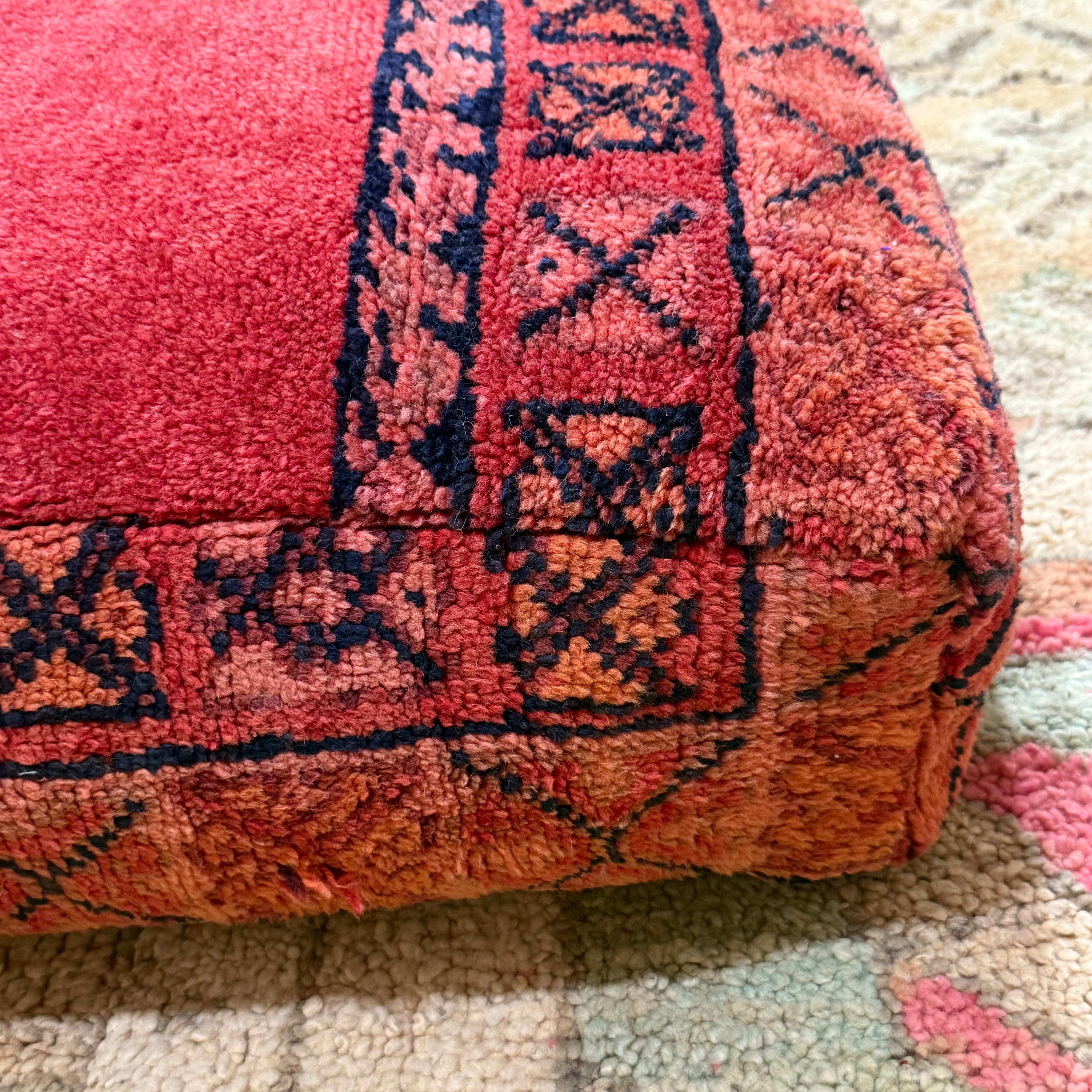 Vintage Boujad Pouffe – Deep Red with Indigo Tribal Border (60 × 60 × 20 cm)