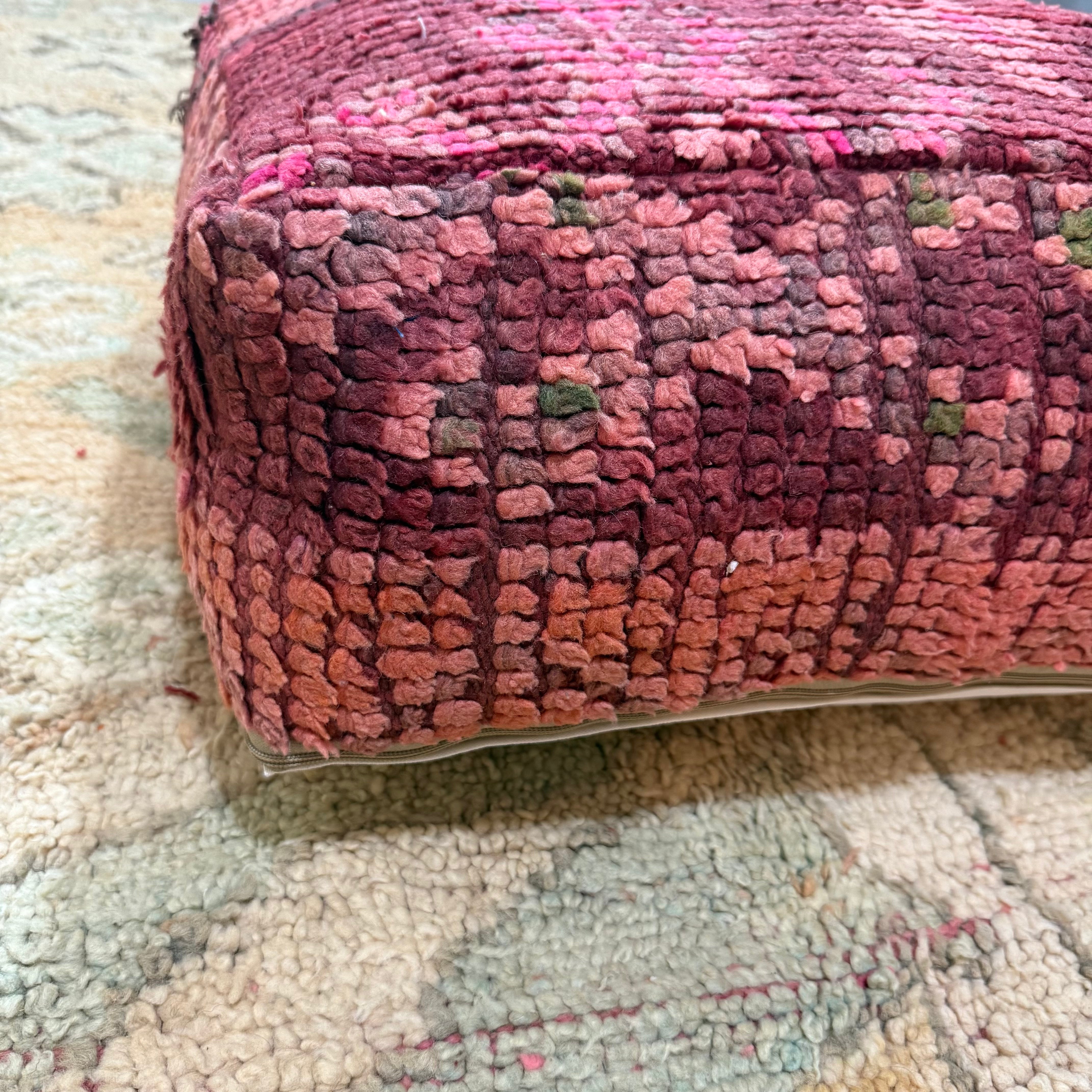 Vintage Boujad Pouffe – Deep Rose & Plum with Subtle Tribal Pattern (60 × 60 × 20 cm)