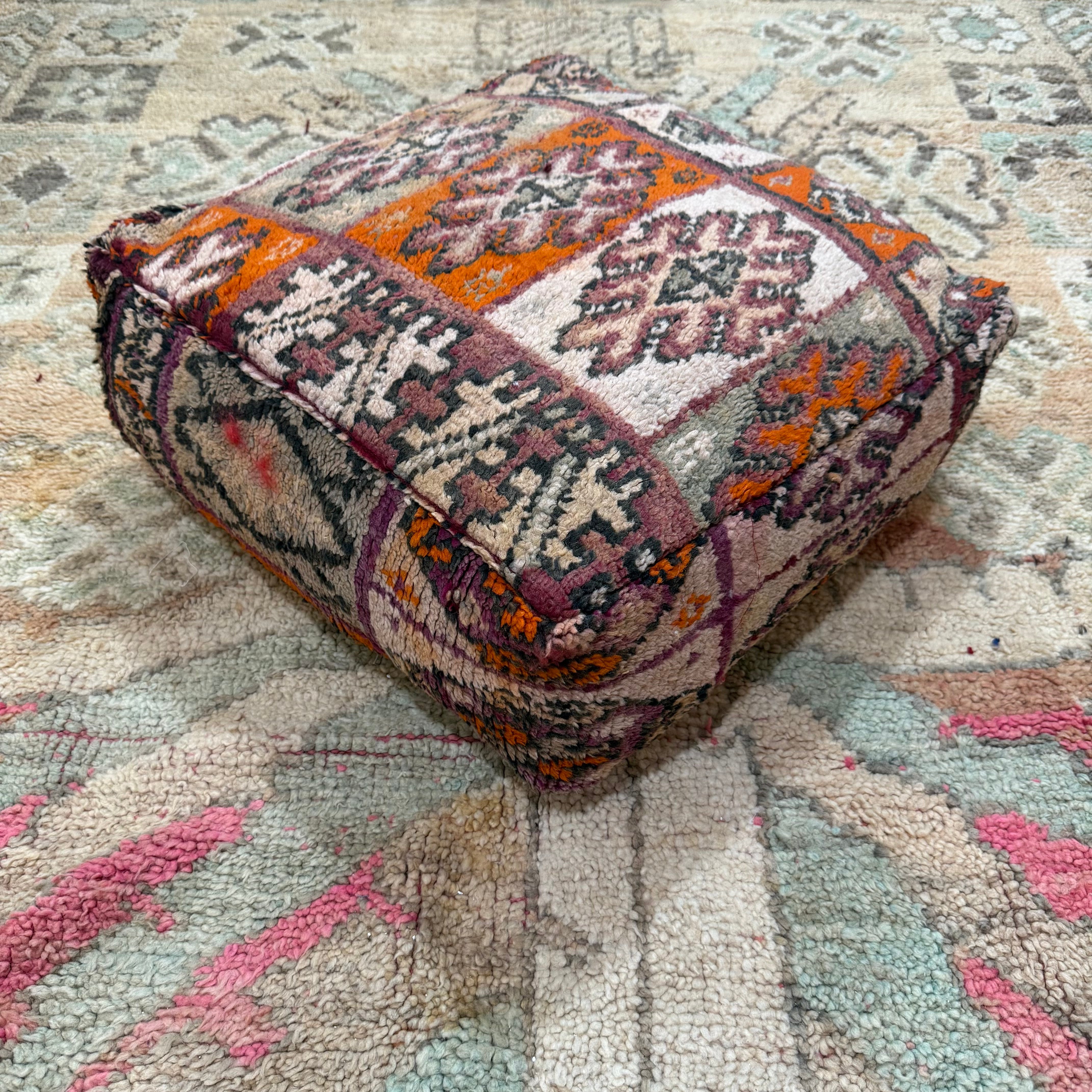 Vintage Boujad Pouffe – Geometric Patchwork in Rust, Plum & Soft Neutrals (60 × 60 × 20 cm)