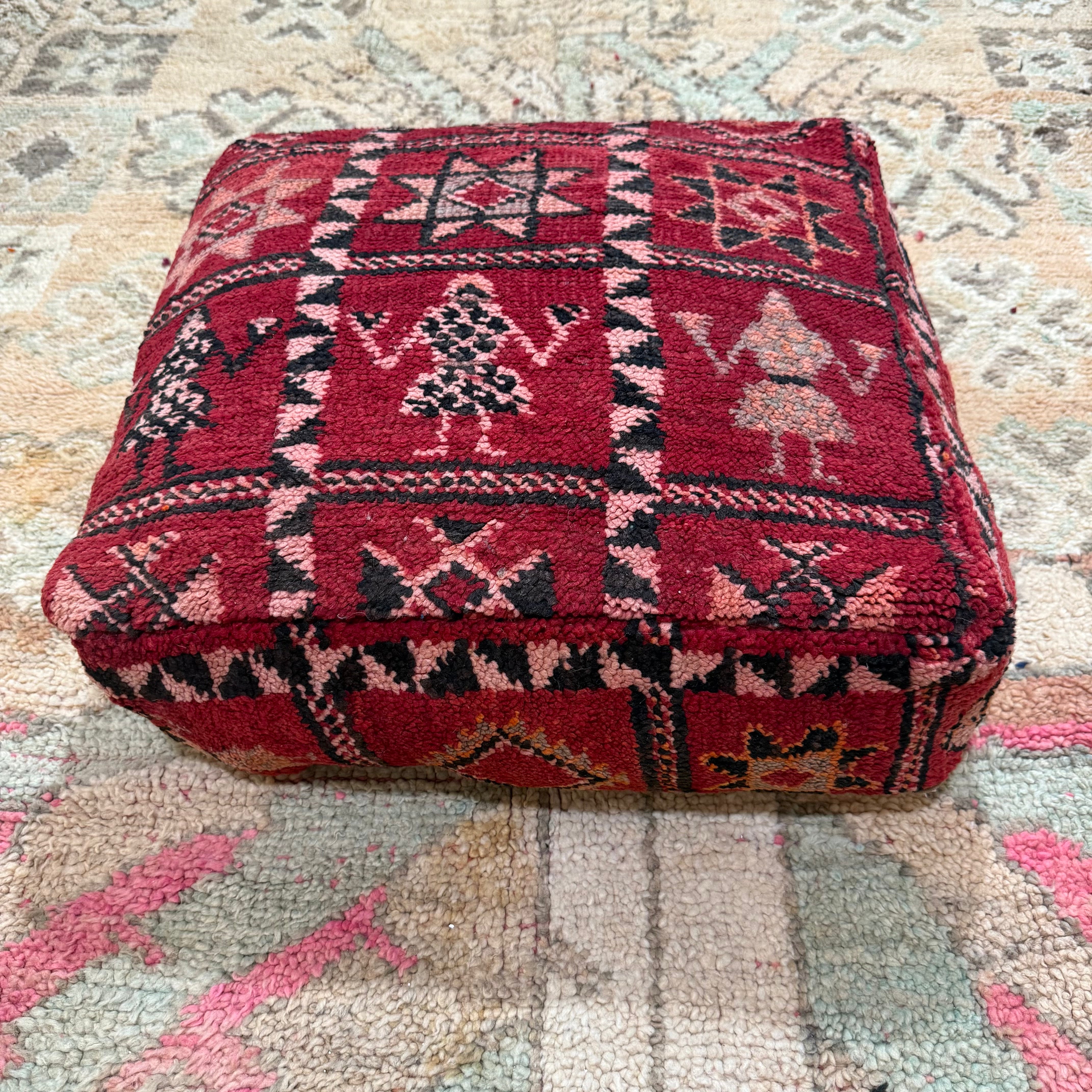 Vintage Boujad Pouffe – Red with Pink Tribal Figures & Star Motifs (60 × 60 × 20 cm)
