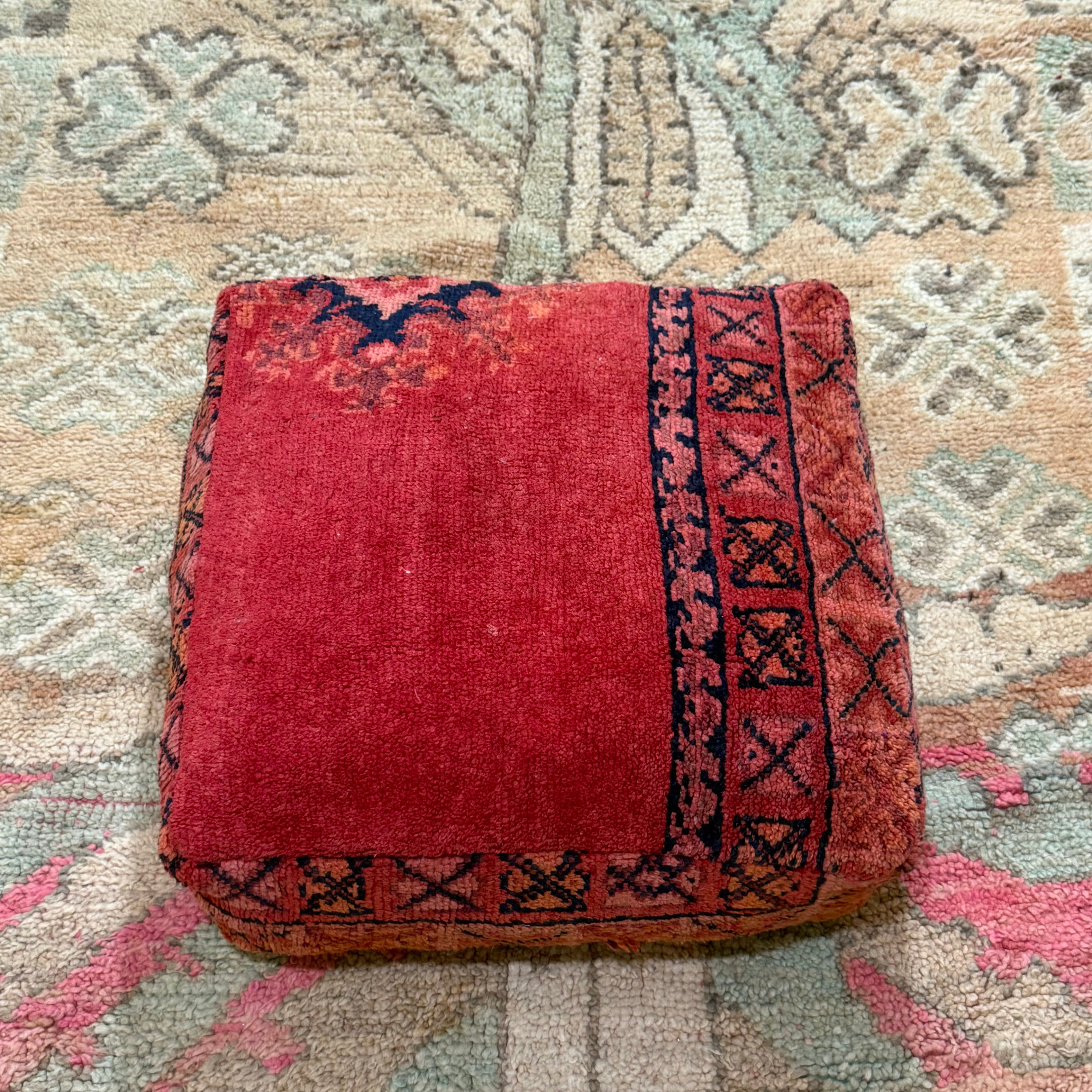 Vintage Boujad Pouffe – Deep Red with Indigo Tribal Border (60 × 60 × 20 cm)