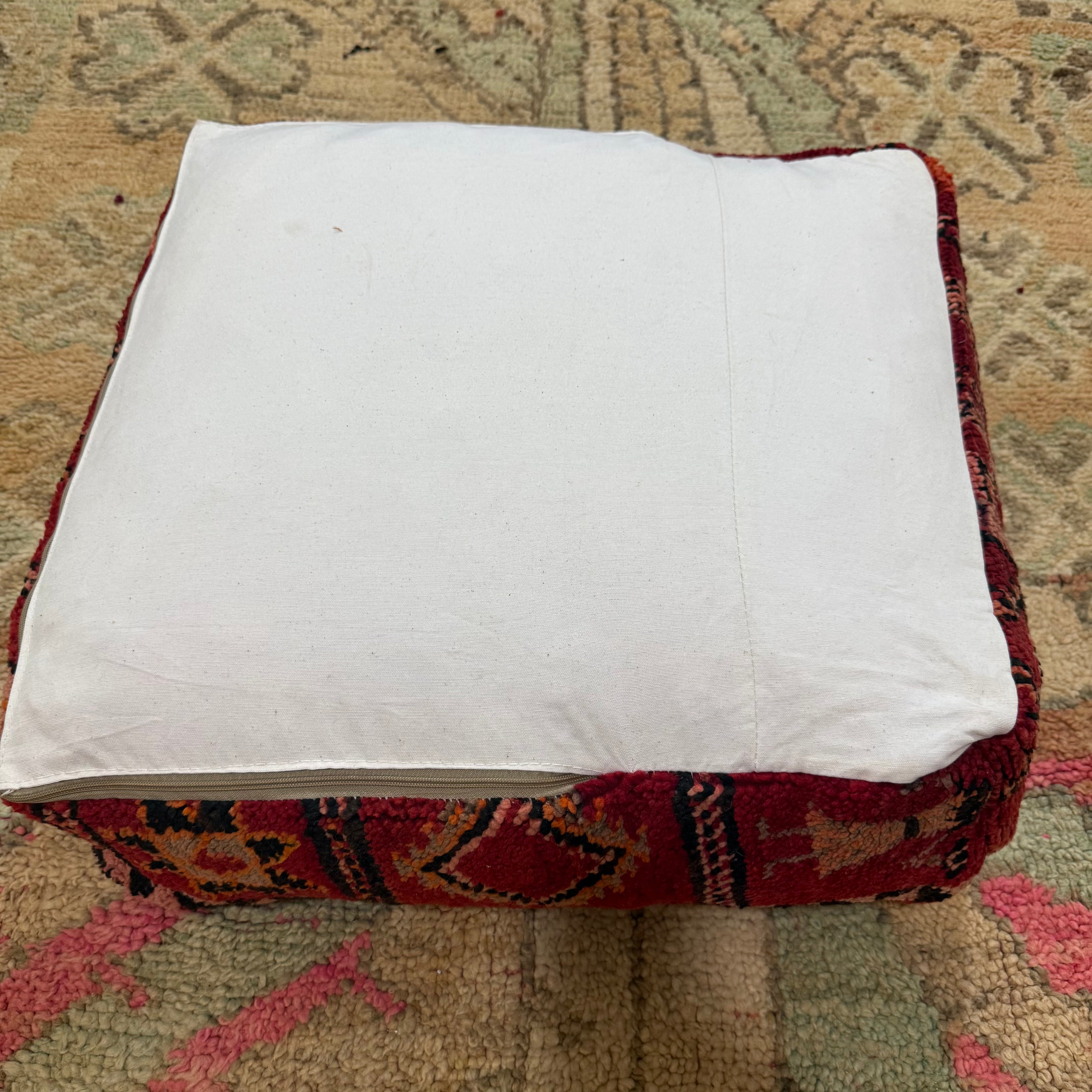 Vintage Boujad Pouffe – Red with Pink Tribal Figures & Star Motifs (60 × 60 × 20 cm)