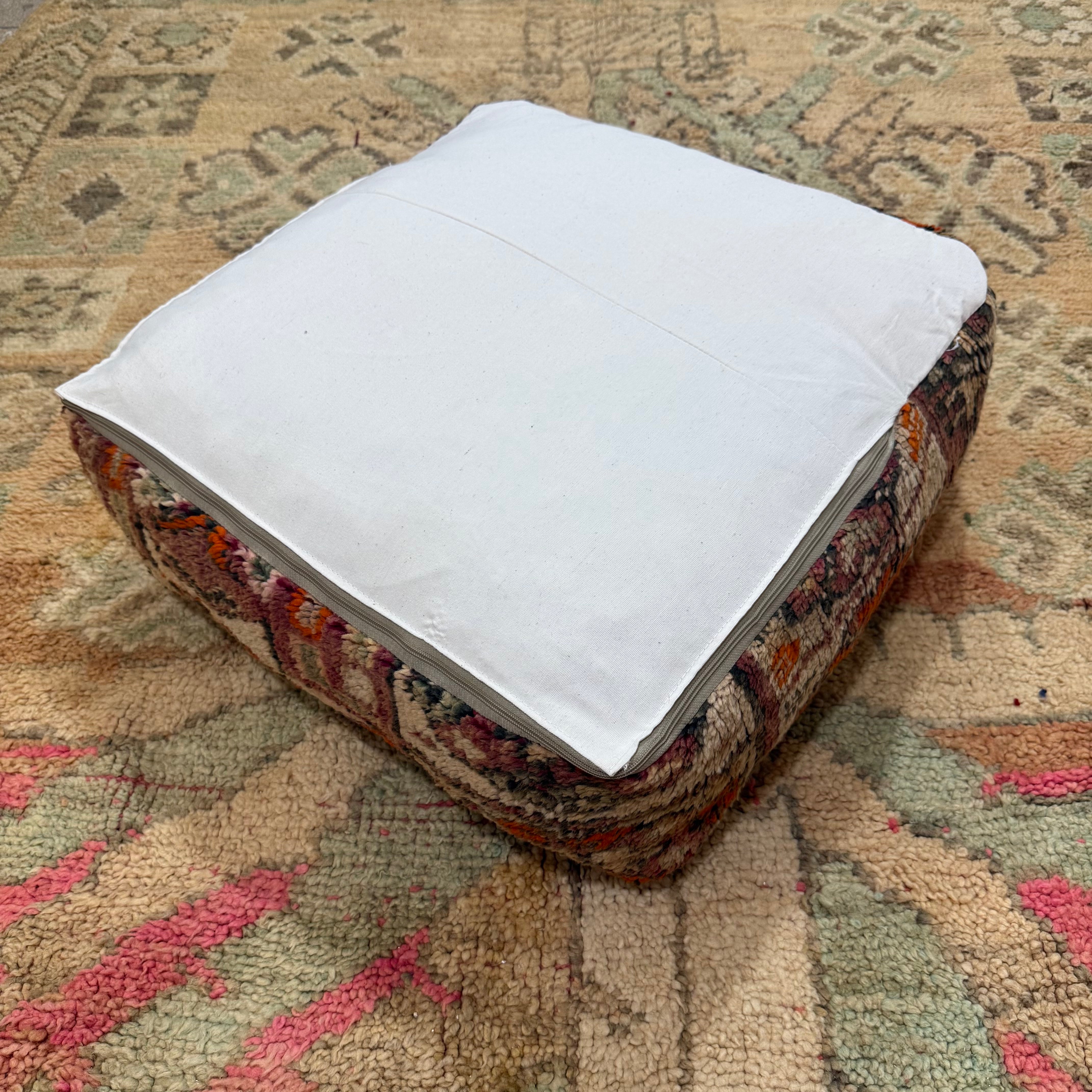 Vintage Boujad Pouffe – Geometric Patchwork in Rust, Plum & Soft Neutrals (60 × 60 × 20 cm)