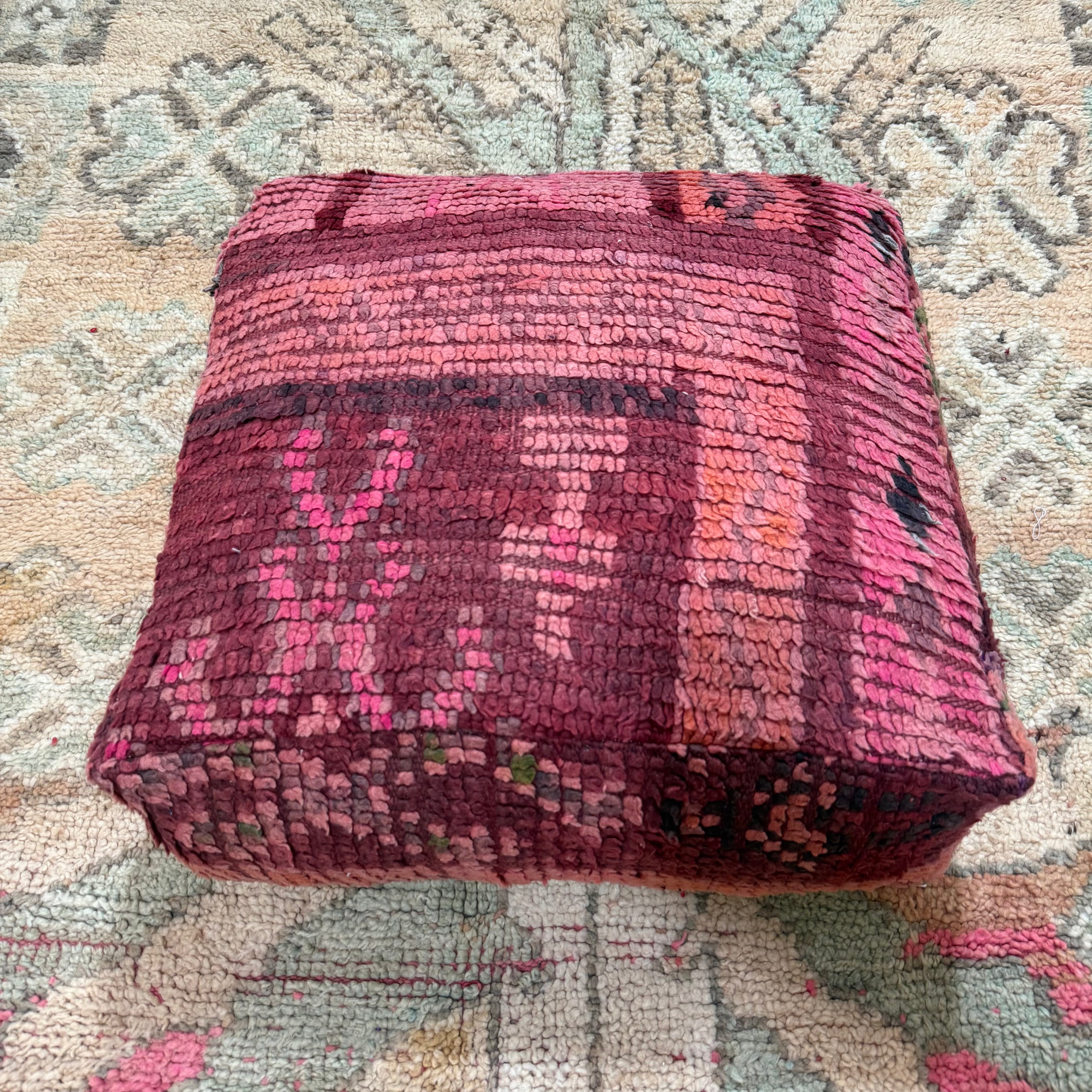 Vintage Boujad Pouffe – Deep Rose & Plum with Subtle Tribal Pattern (60 × 60 × 20 cm)
