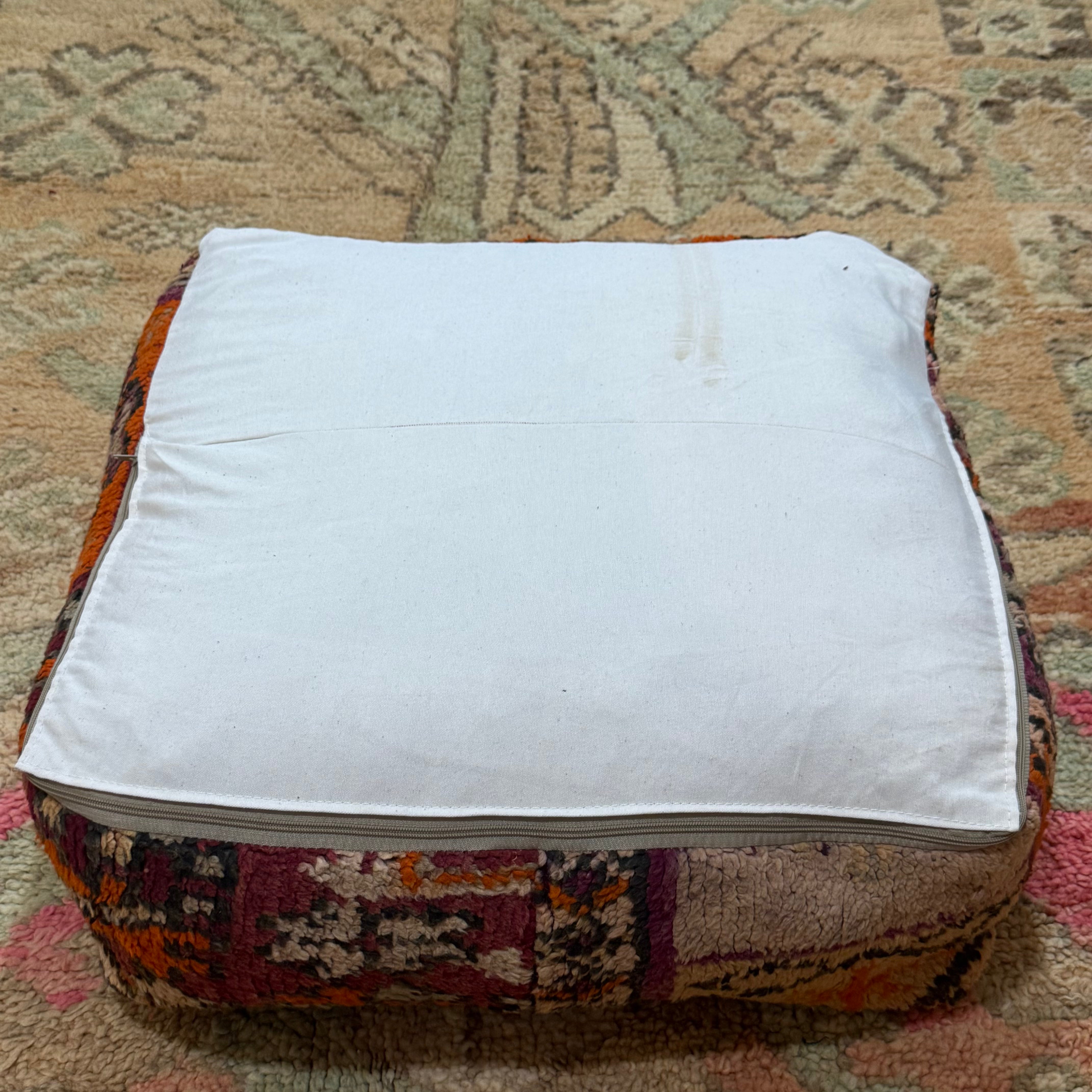 Vintage Boujad Pouffe – Warm Neutrals with Plum & Orange Tribal Motifs (60 × 60 × 20 cm)