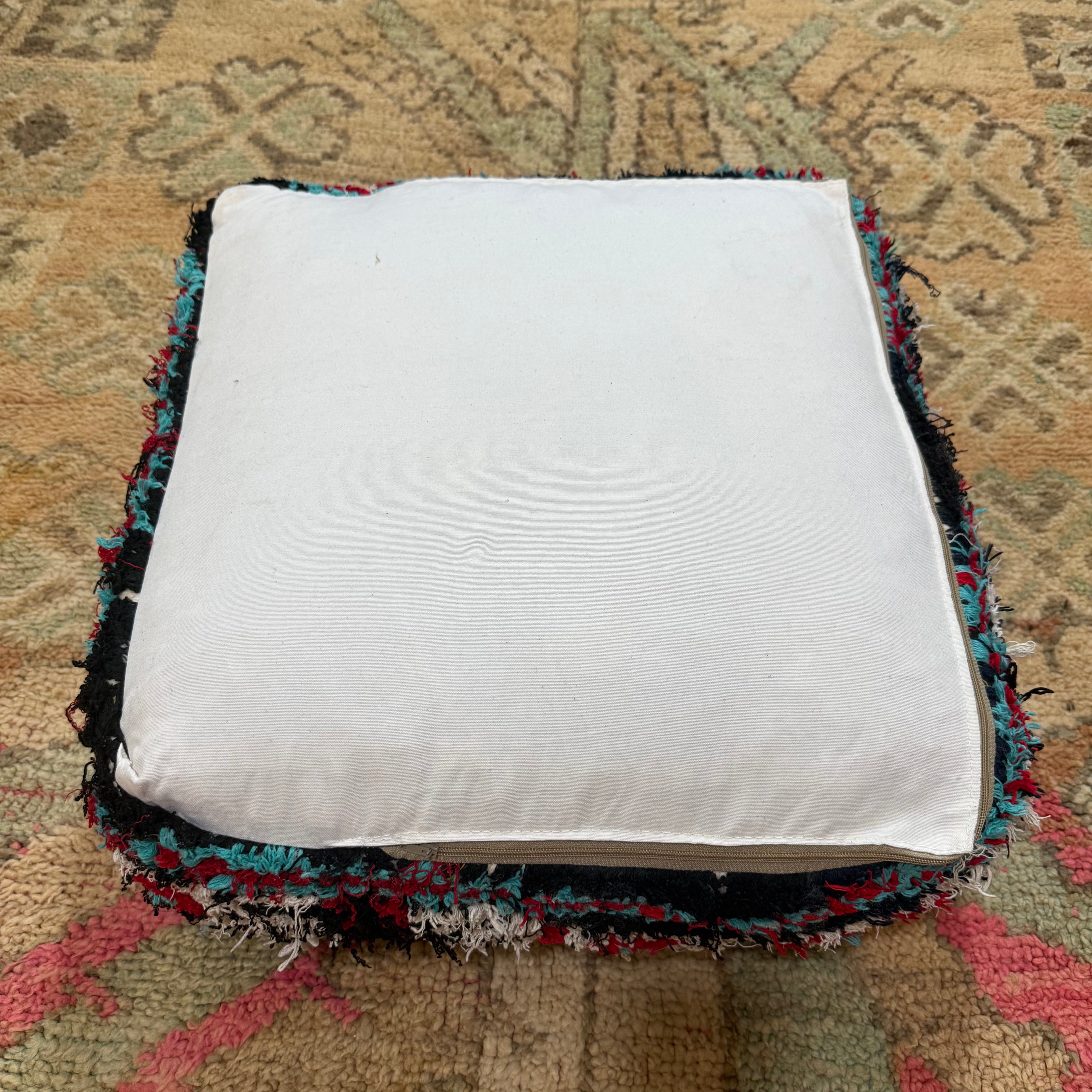 Vintage Boucherouite Pouffe – Multicolour Tribal Diamond Patchwork (60 × 60 × 20 cm)