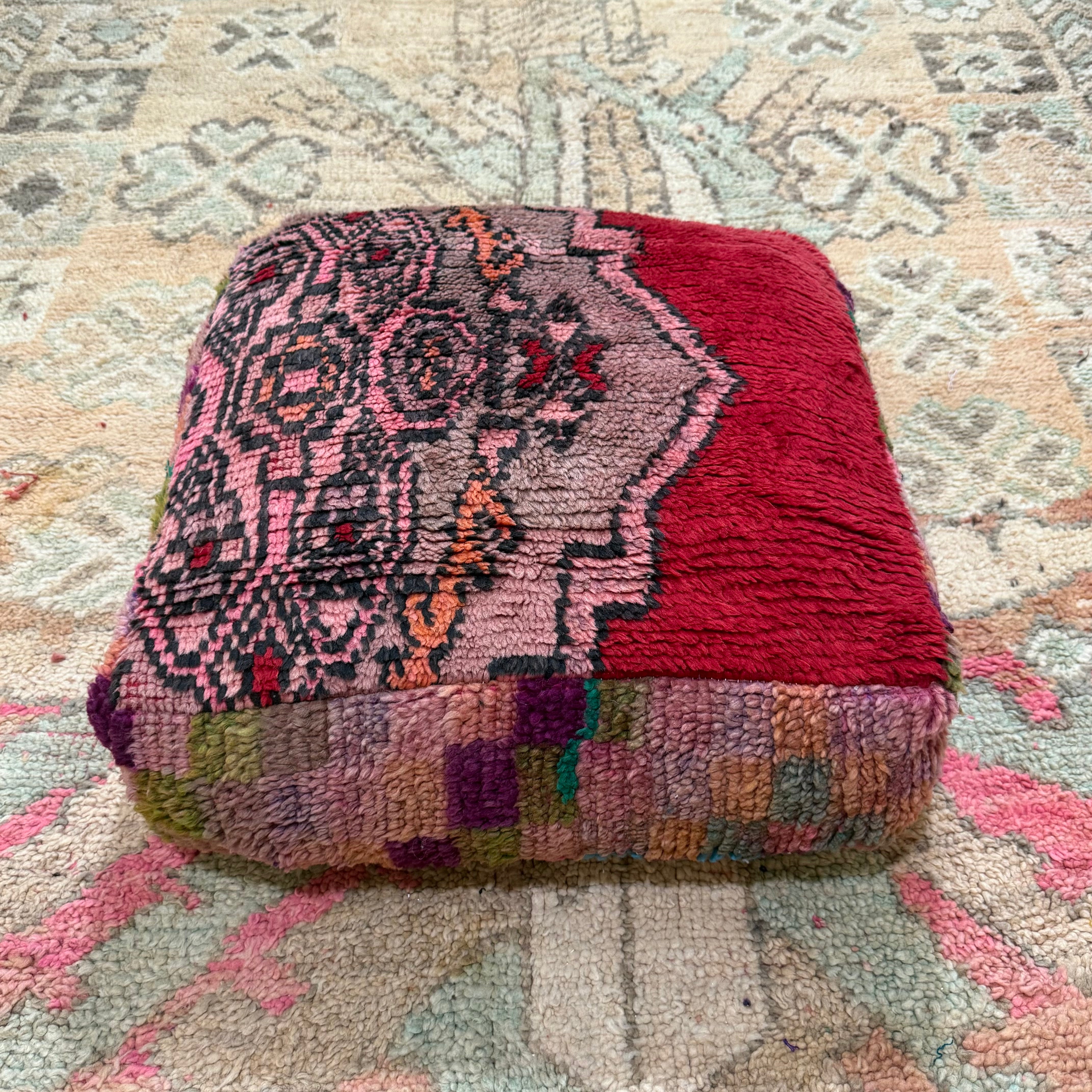 Vintage Boujad Pouffe – Red & Pink Medallion with Multicolour Check Base (60 × 60 × 20 cm)