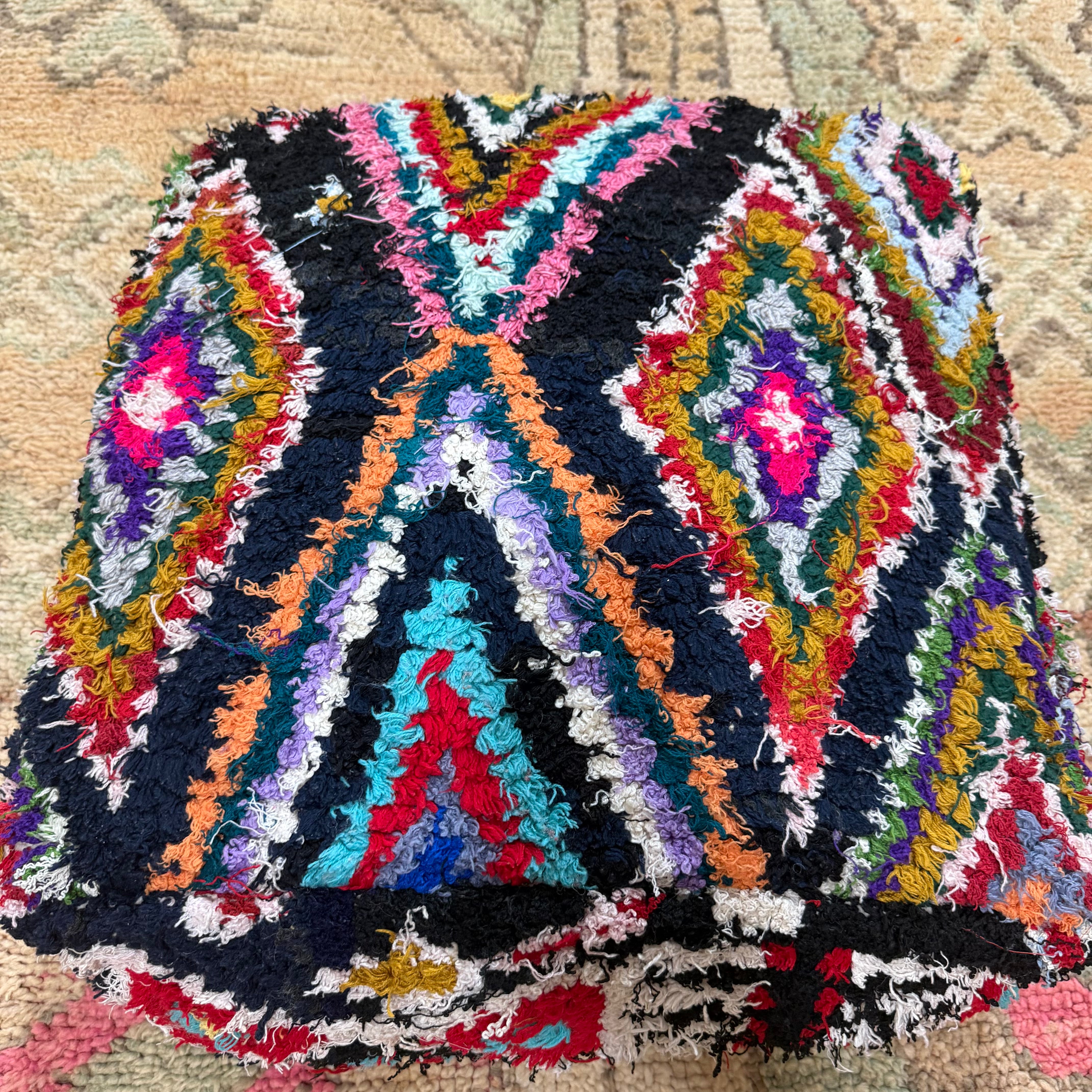 Vintage Boucherouite Pouffe – Multicolour Tribal Diamond Patchwork (60 × 60 × 20 cm)