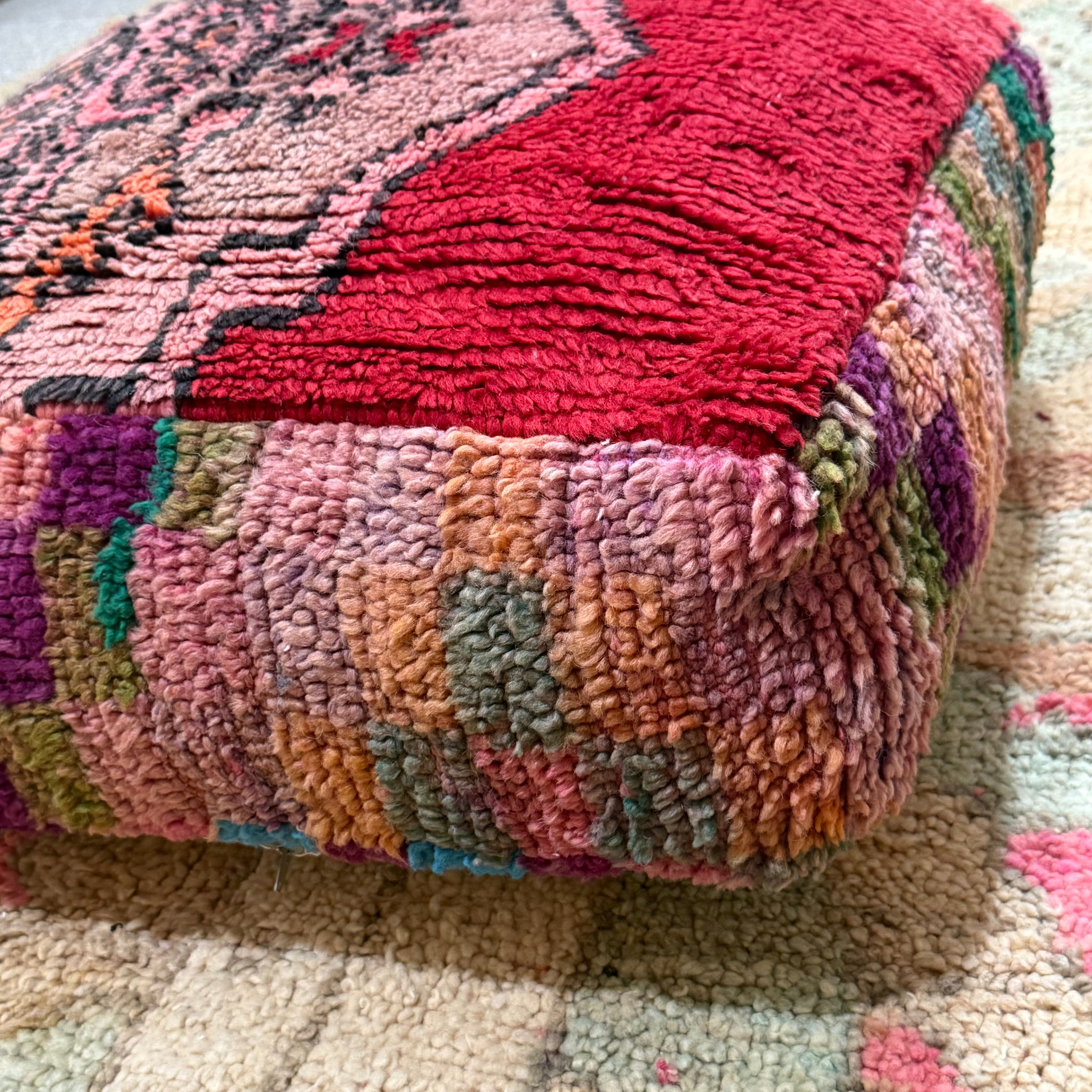 Vintage Boujad Pouffe – Red & Pink Medallion with Multicolour Check Base (60 × 60 × 20 cm)