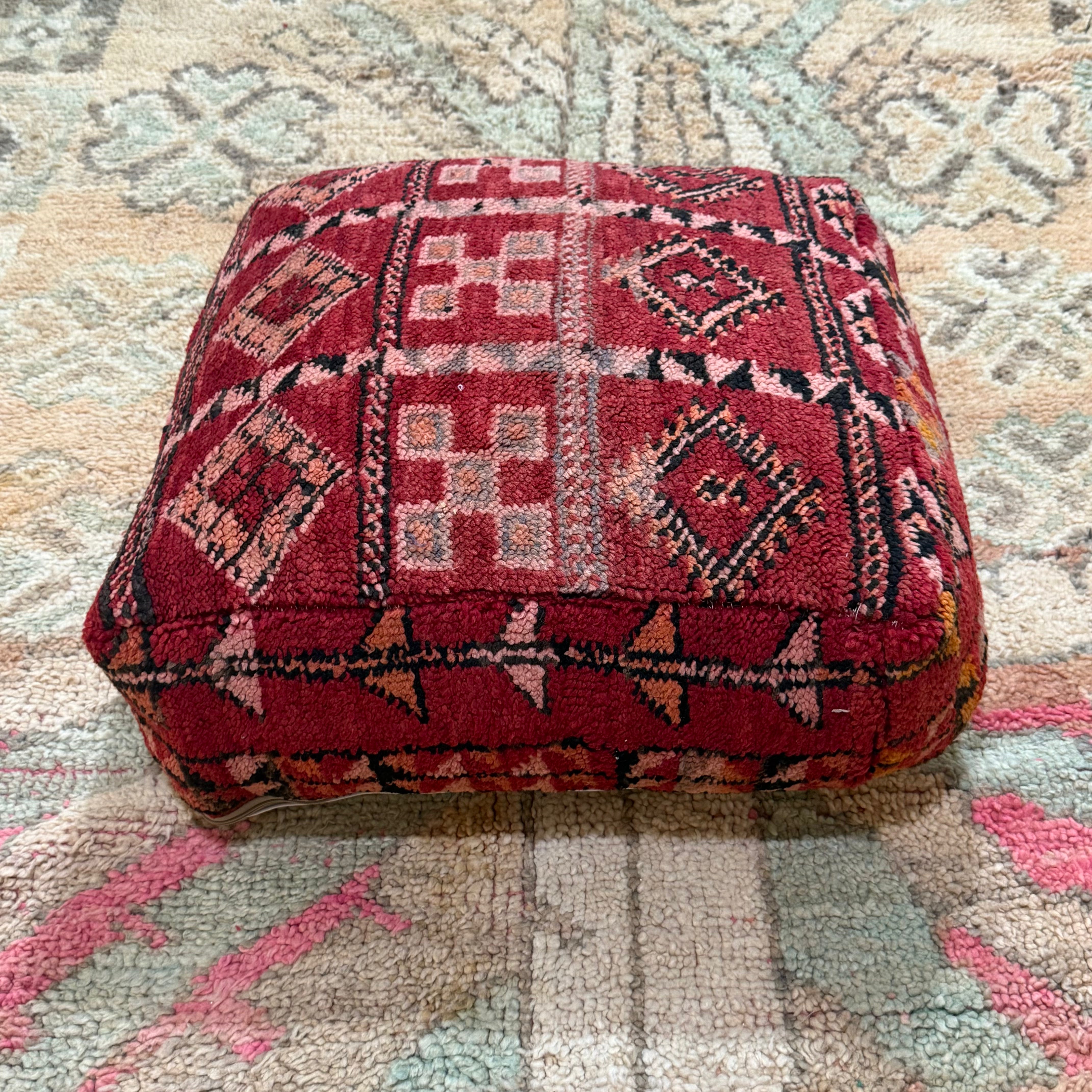 Vintage Boujad Pouffe – Ruby Red with Tribal Diamond & Check Pattern (60 × 60 × 20 cm)