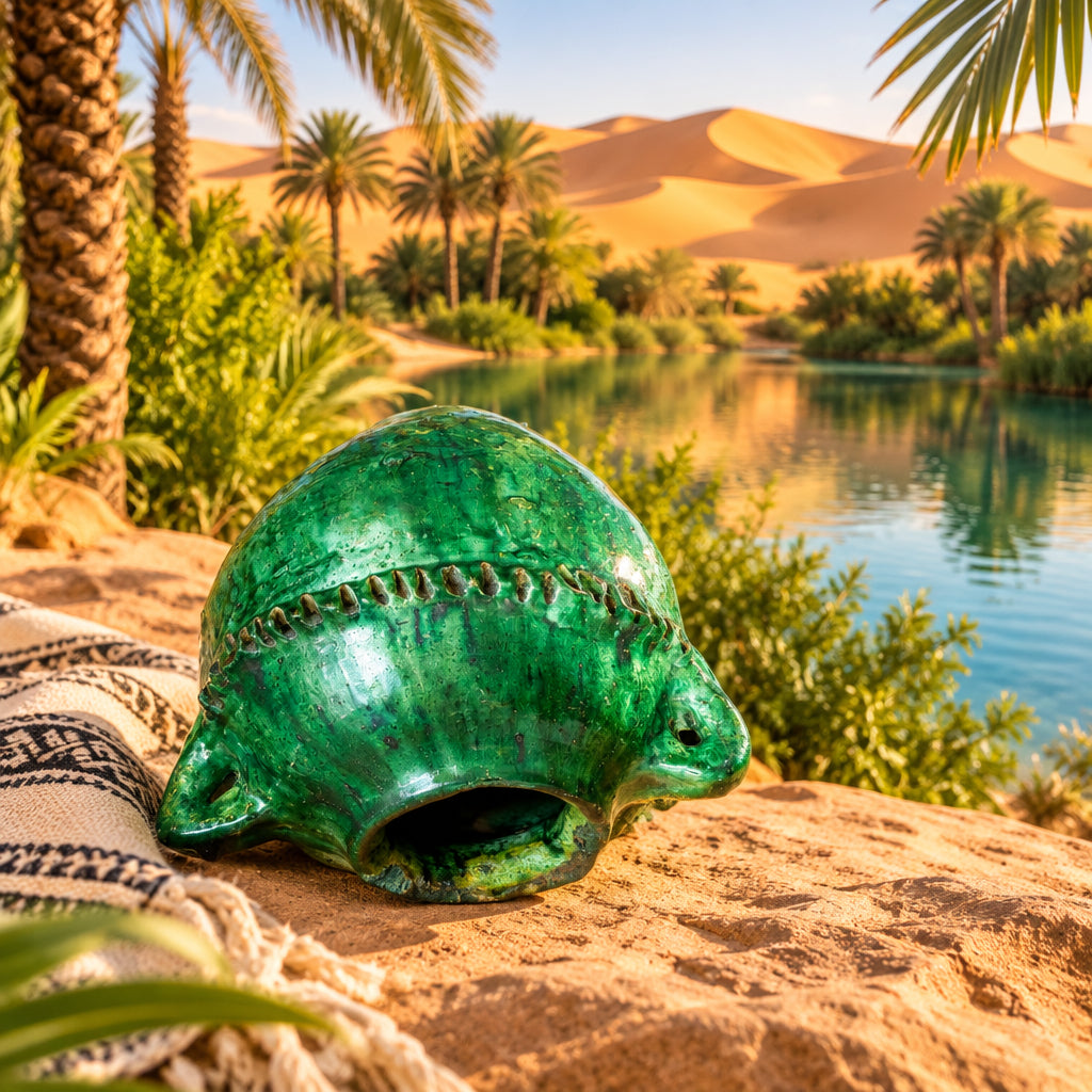 A green glazed ceramic Moroccan-style pot with a carved decorative rim, displayed on a terracotta tile surface in a rustic setting.