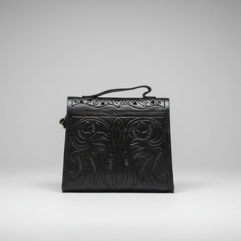 Jasmine Hand-Embossed Black Leather Crossbody Bag – Artisan Satchel