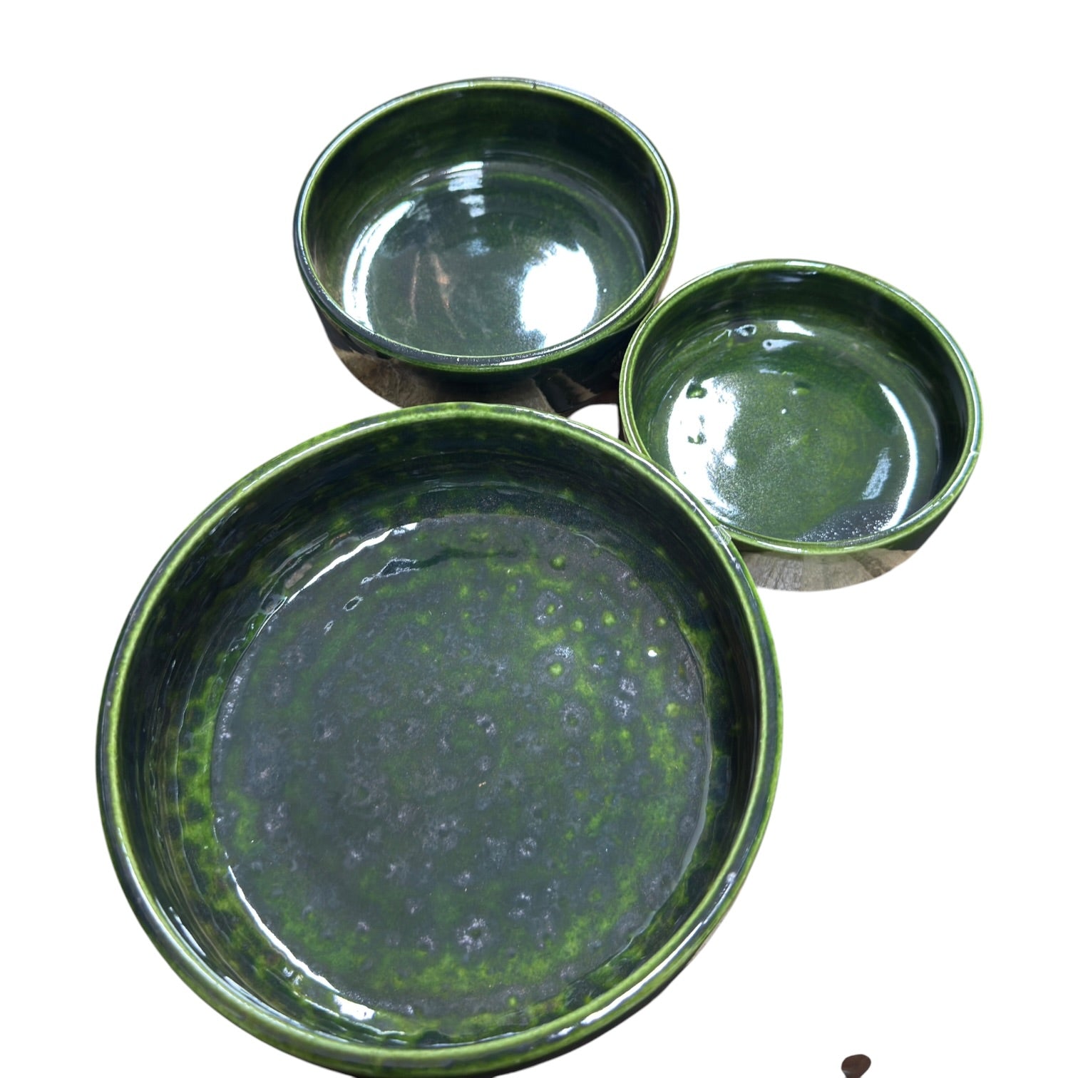 Handmade Green Glazed Ceramic Bowl & Plant Saucer – Set of 3
