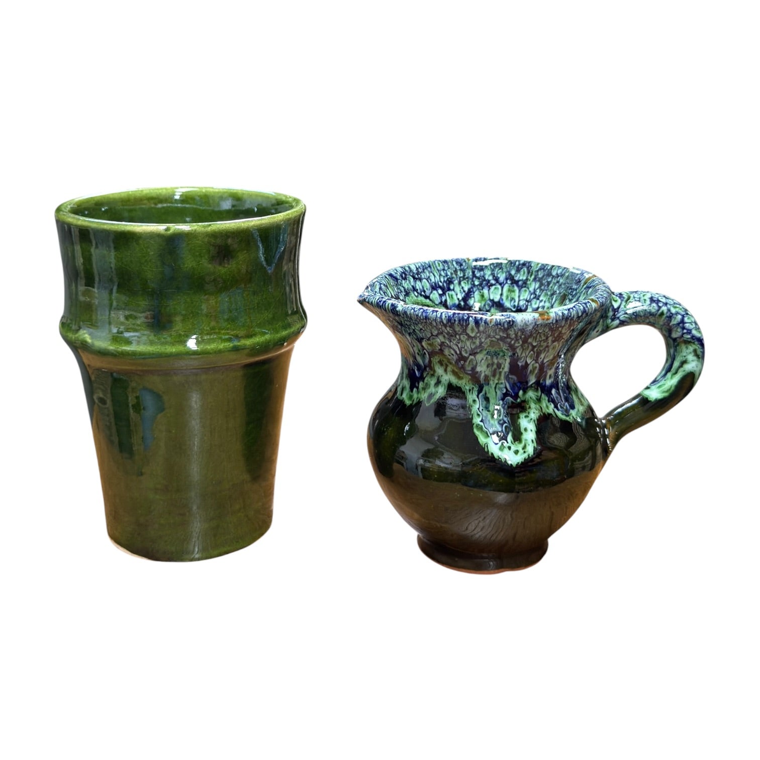 Handmade Moroccan Ceramic Mini Jug | Green Drip Glaze Pitcher