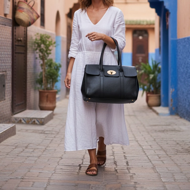 Woman in a white dress holding a black handbag in a colorful street.
