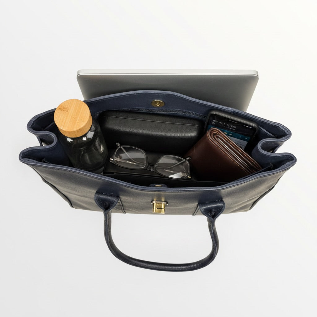 Navy blue handbag with compartments containing a laptop, phone, wallet, glasses, and a bottle on a white background.