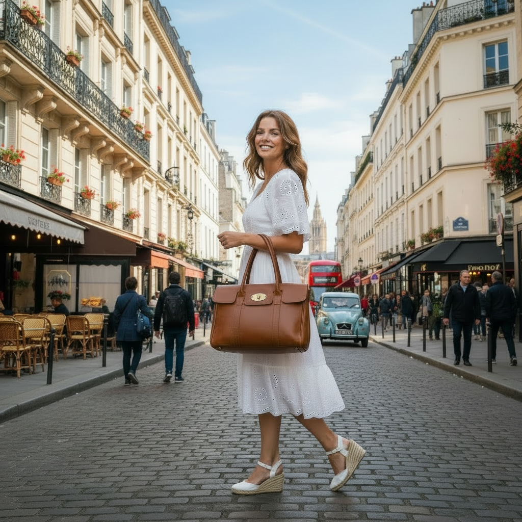 Woman in a white dress with a brown handbag walking on a Parisian street.