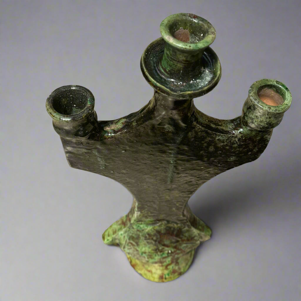 Tamegroute 3-Branch Candle Holder – 46cm Moroccan Green Pottery