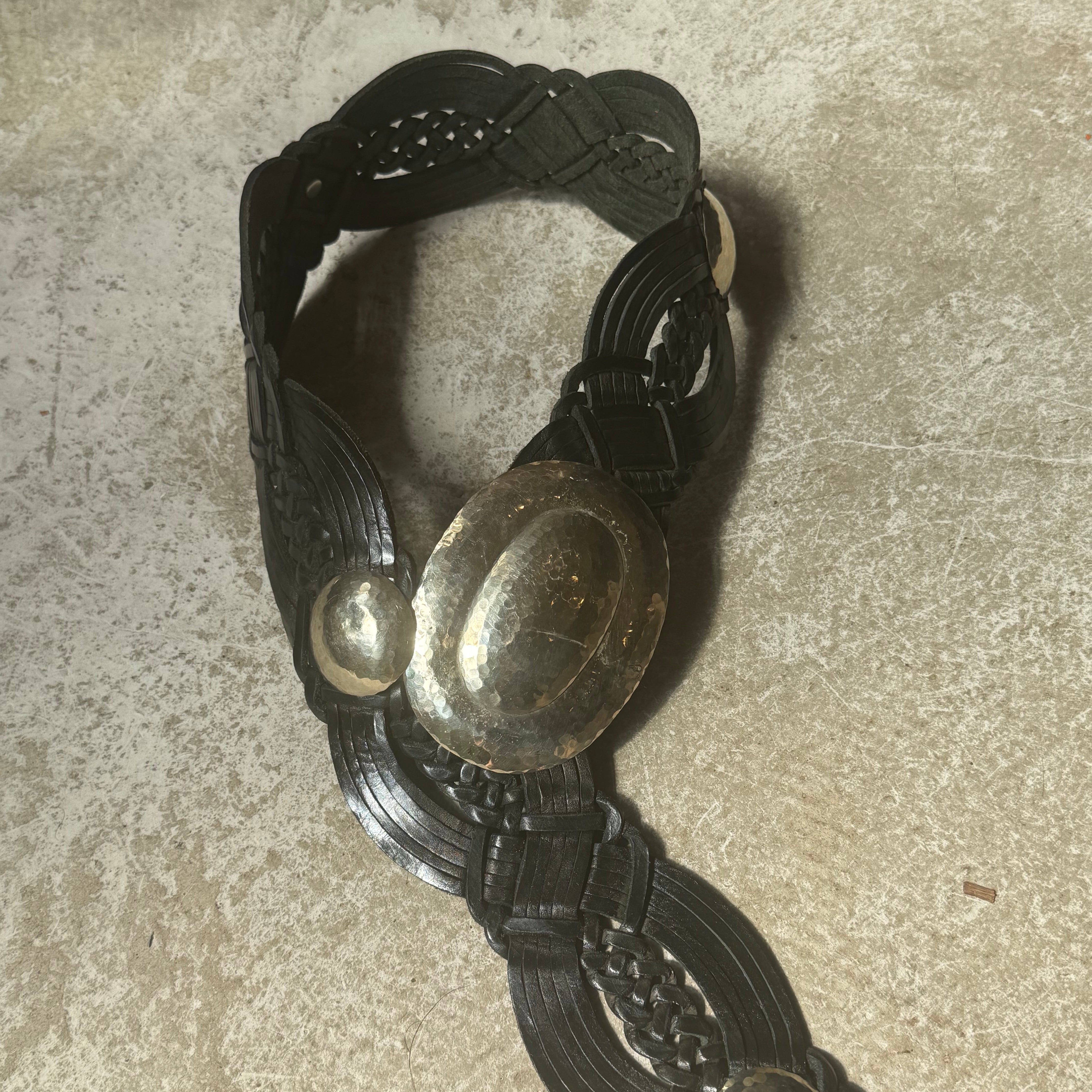 Black Boho western woven Leather Belt – Vintage Look, Silver Buckle