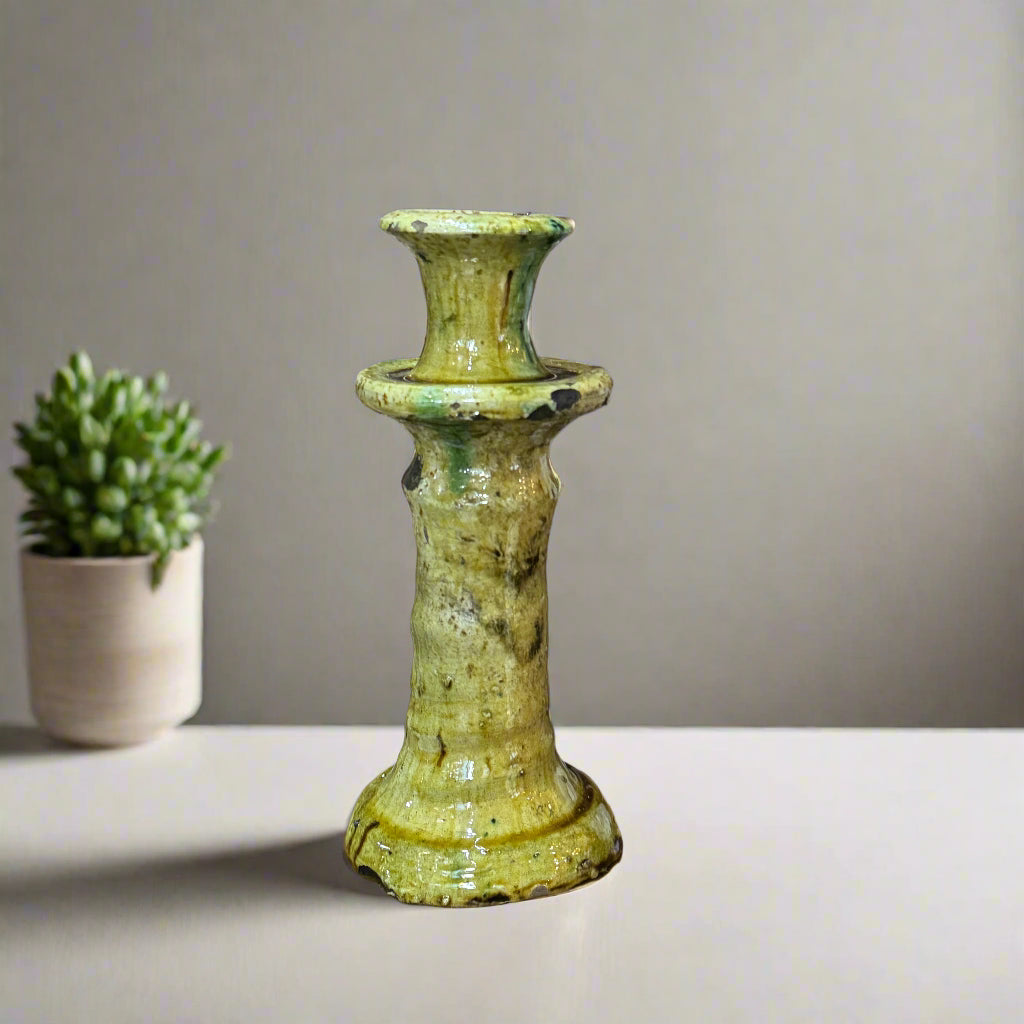 Tamegroute Pottery candle holder 23 cm in Yellow-Green Glaze