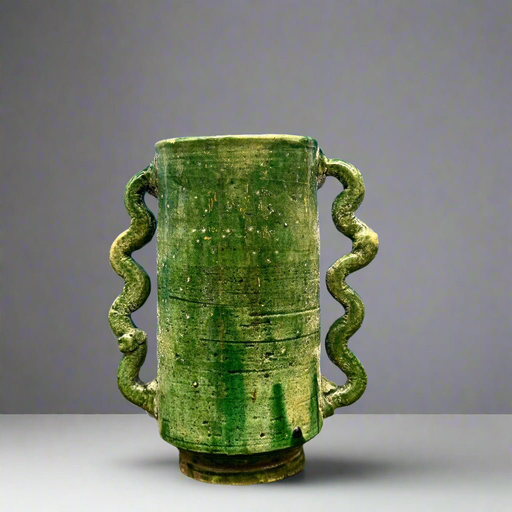Handmade Green Tamegroute Vase with Wavy Handles – 20cm