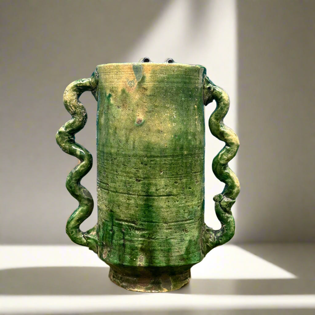 Handmade Green Tamegroute Vase with Wavy Handles – 20cm