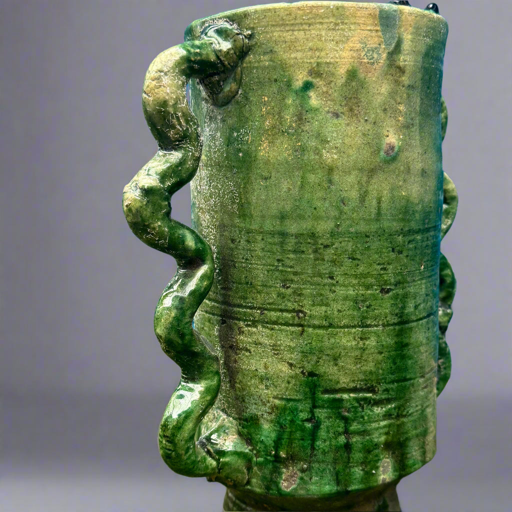 Handmade Green Tamegroute Vase with Wavy Handles – 20cm