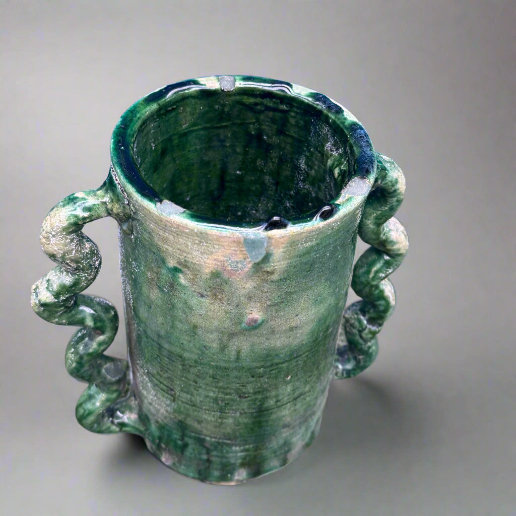 Handmade Green Tamegroute Vase with Wavy Handles – 20cm