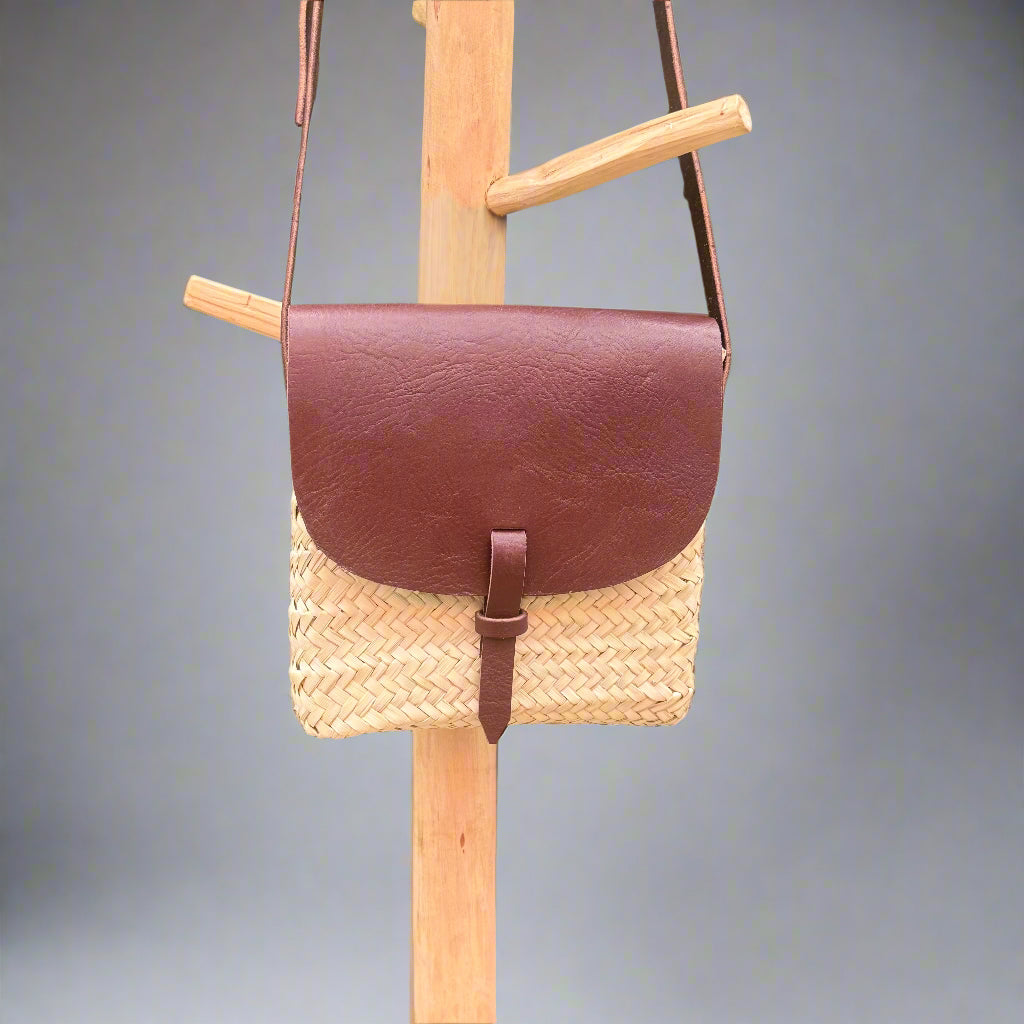 Square Handwoven Palm Leaf & Leather Crossbody Bag