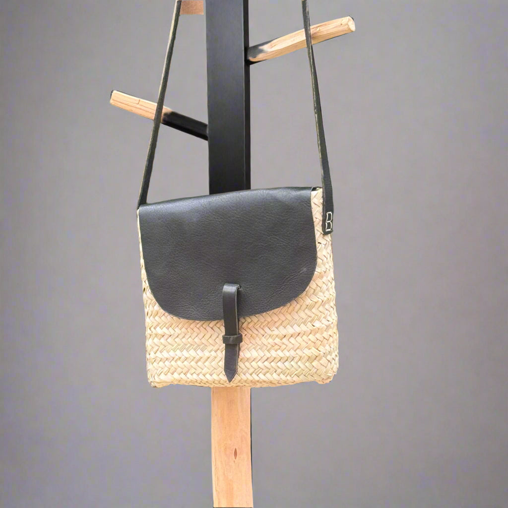Square Handwoven Palm Leaf & Leather Crossbody Bag