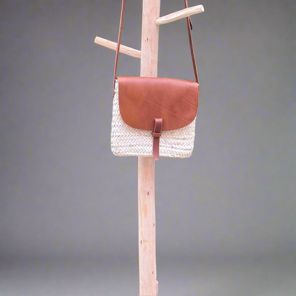 Square Handwoven Palm Leaf & Leather Crossbody Bag