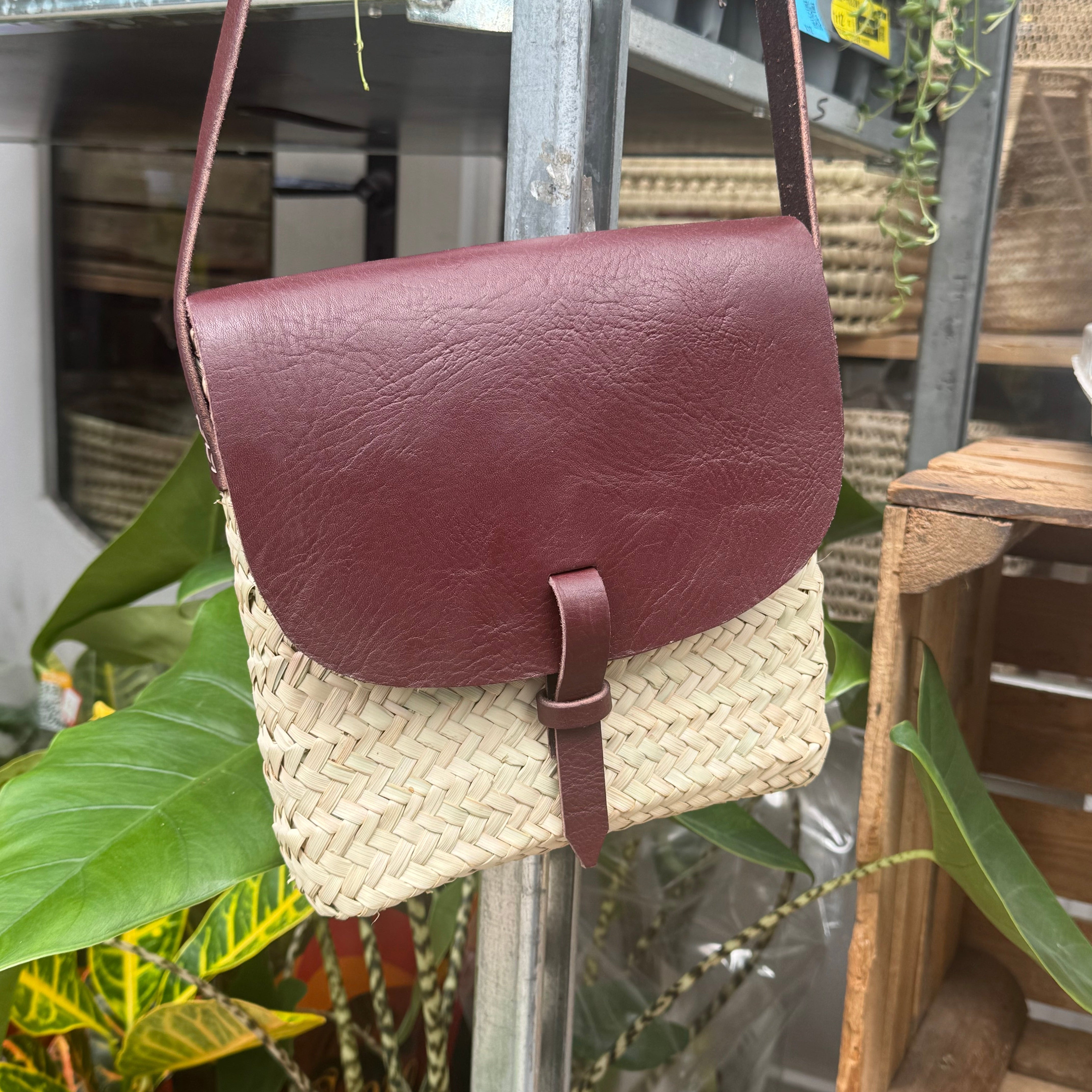 Square Handwoven Palm Leaf & Leather Crossbody Bag