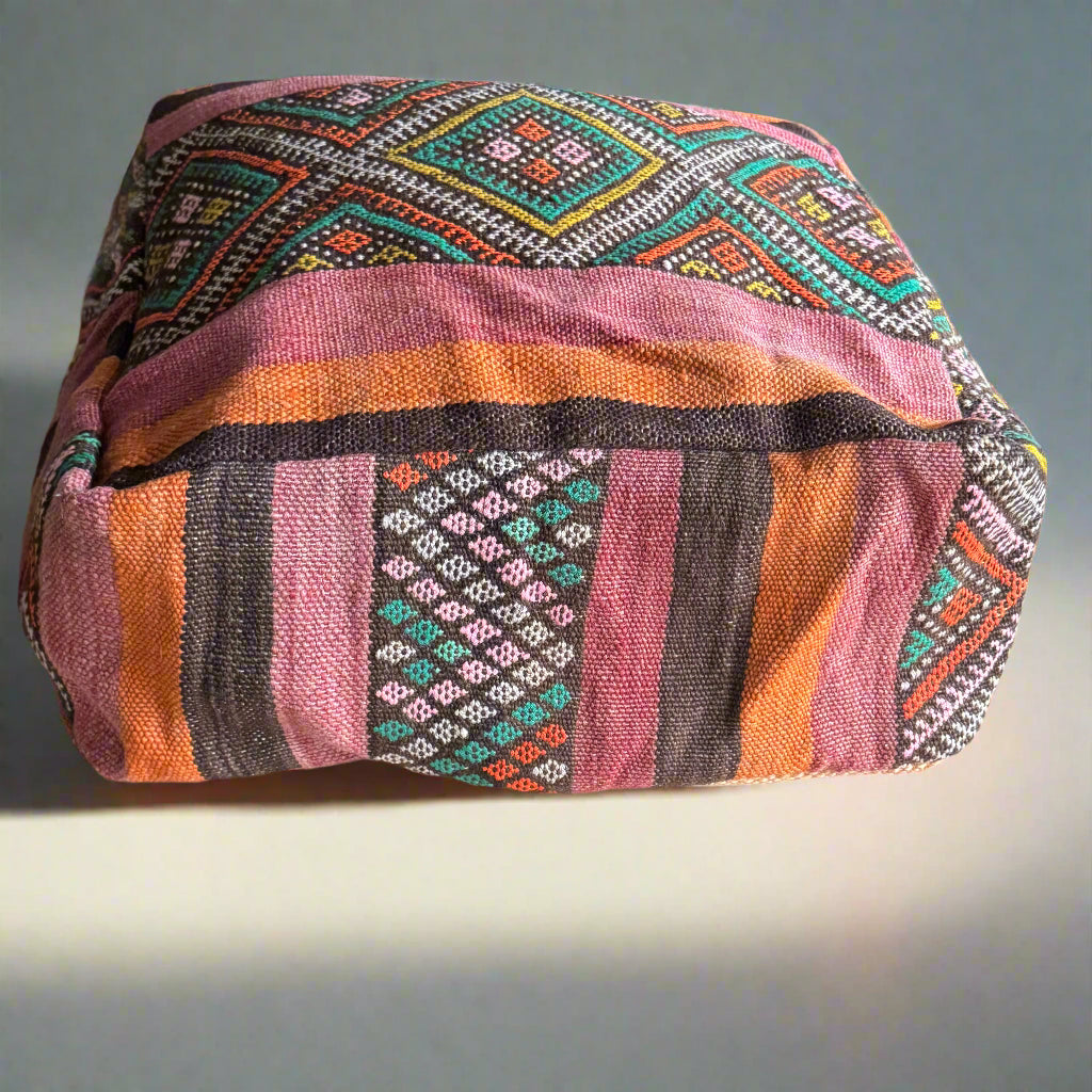 Moroccan Hanbal Floor Pouffe – Bold Striped Cushion with Geometric Centre (50x50cm)