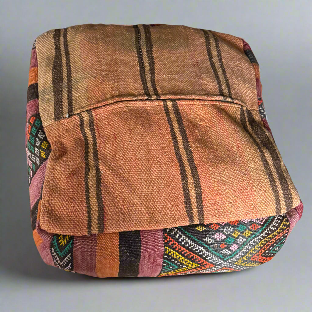 Moroccan Hanbal Floor Pouffe – Bold Striped Cushion with Geometric Centre (50x50cm)