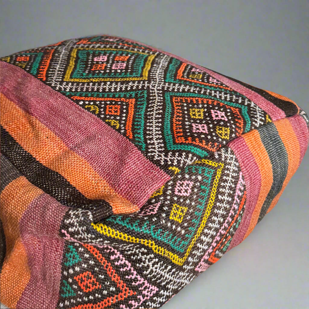 Moroccan Hanbal Floor Pouffe – Bold Striped Cushion with Geometric Centre (50x50cm)