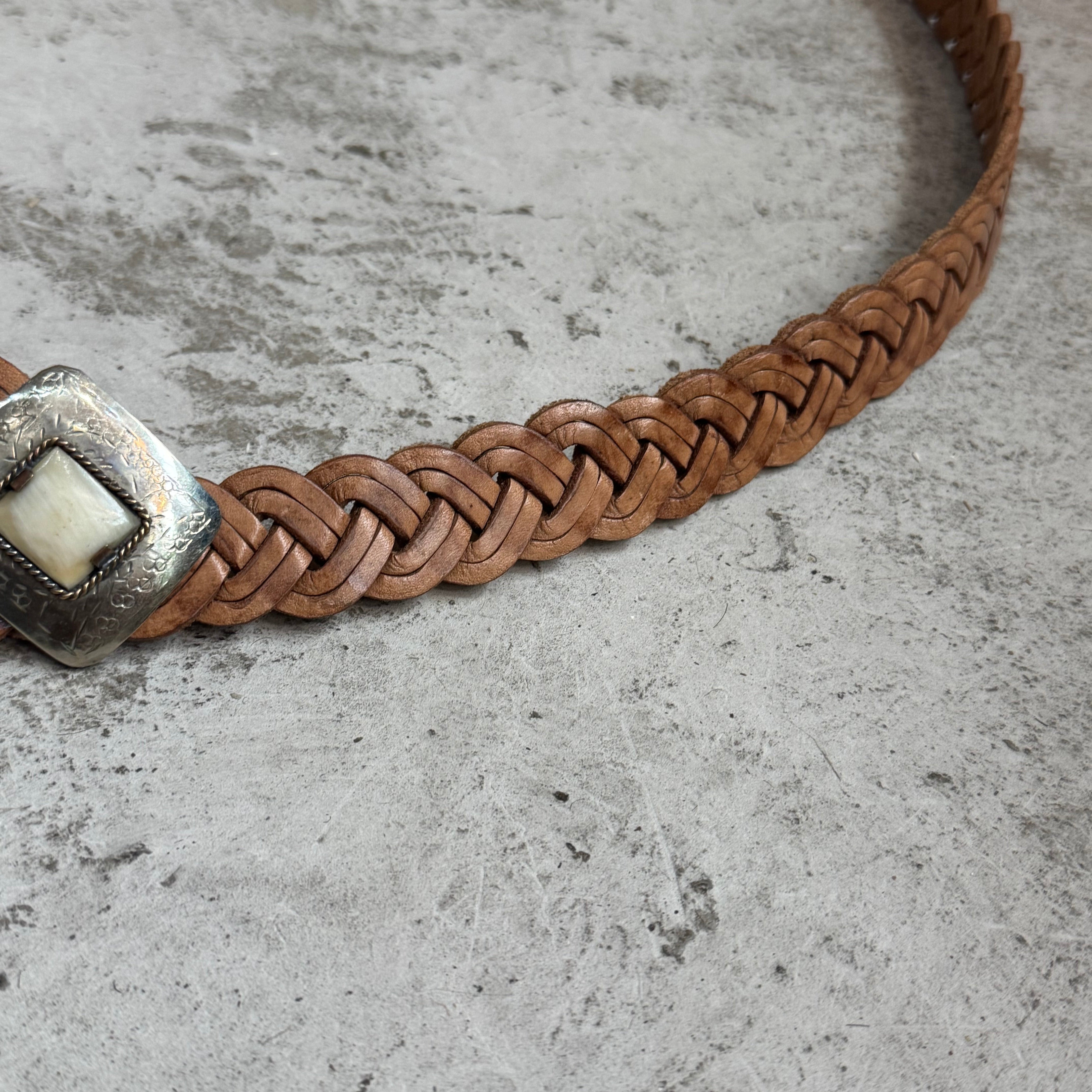 Moroccan Braided Leather Belt – Tan with Decorative Buckle & horn Detail
