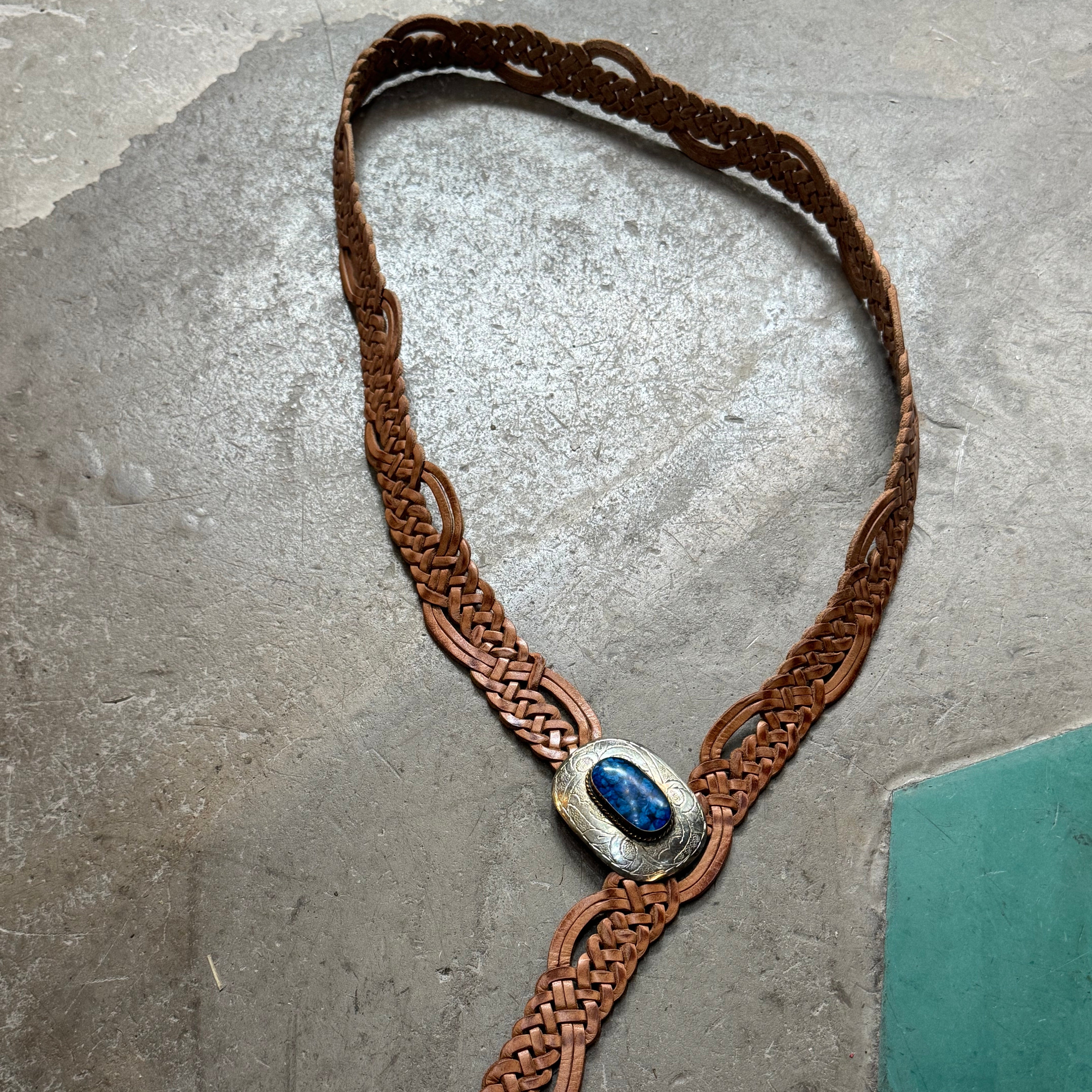 Moroccan Braided Leather Belt – Tan with Decorative Buckle & blue resin detail